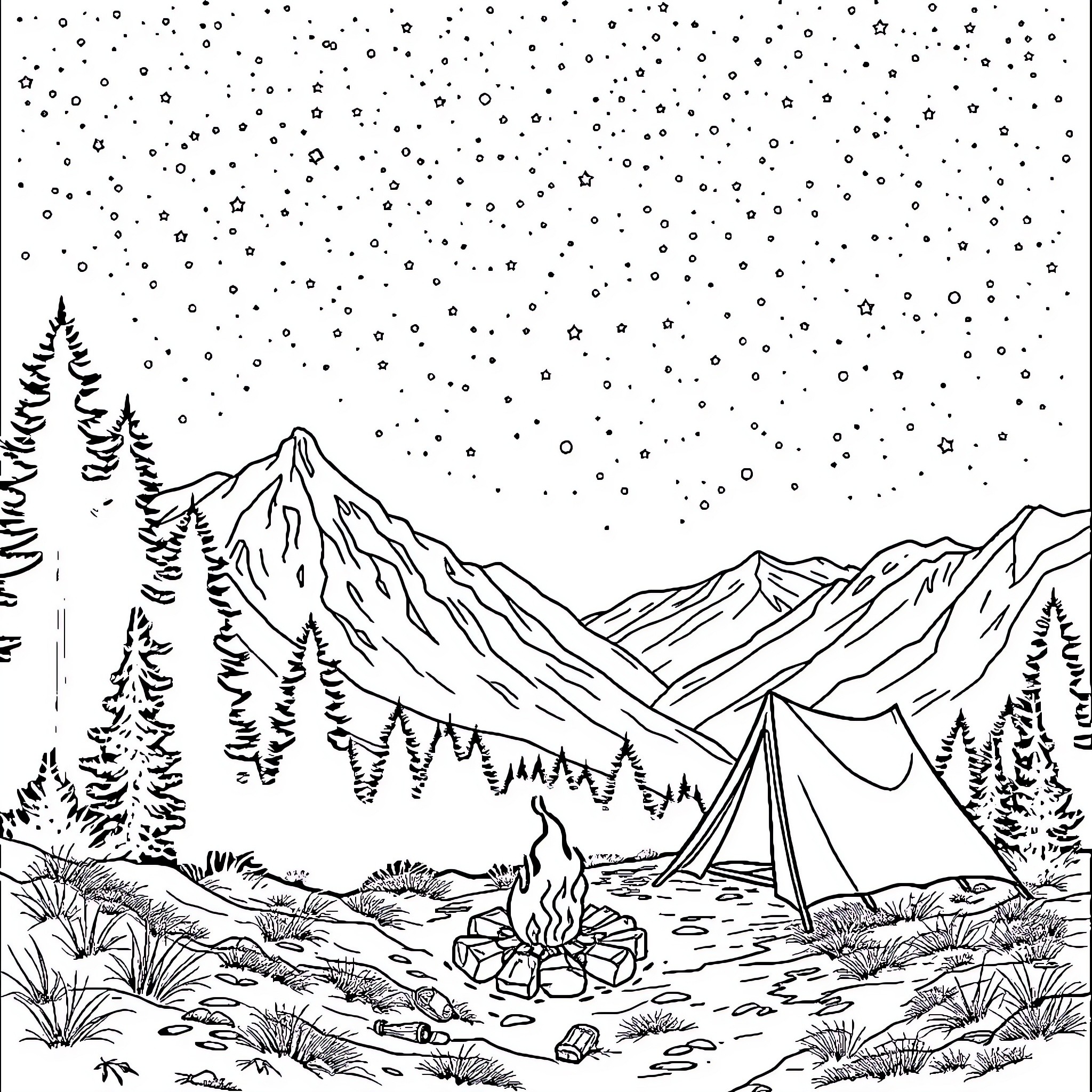 Camping in the snowy mountain landscape Coloring Page (free black-and-white line drawing printable PDF for all, from beginners to advanced learners, including children, teens, adults, and seniors)