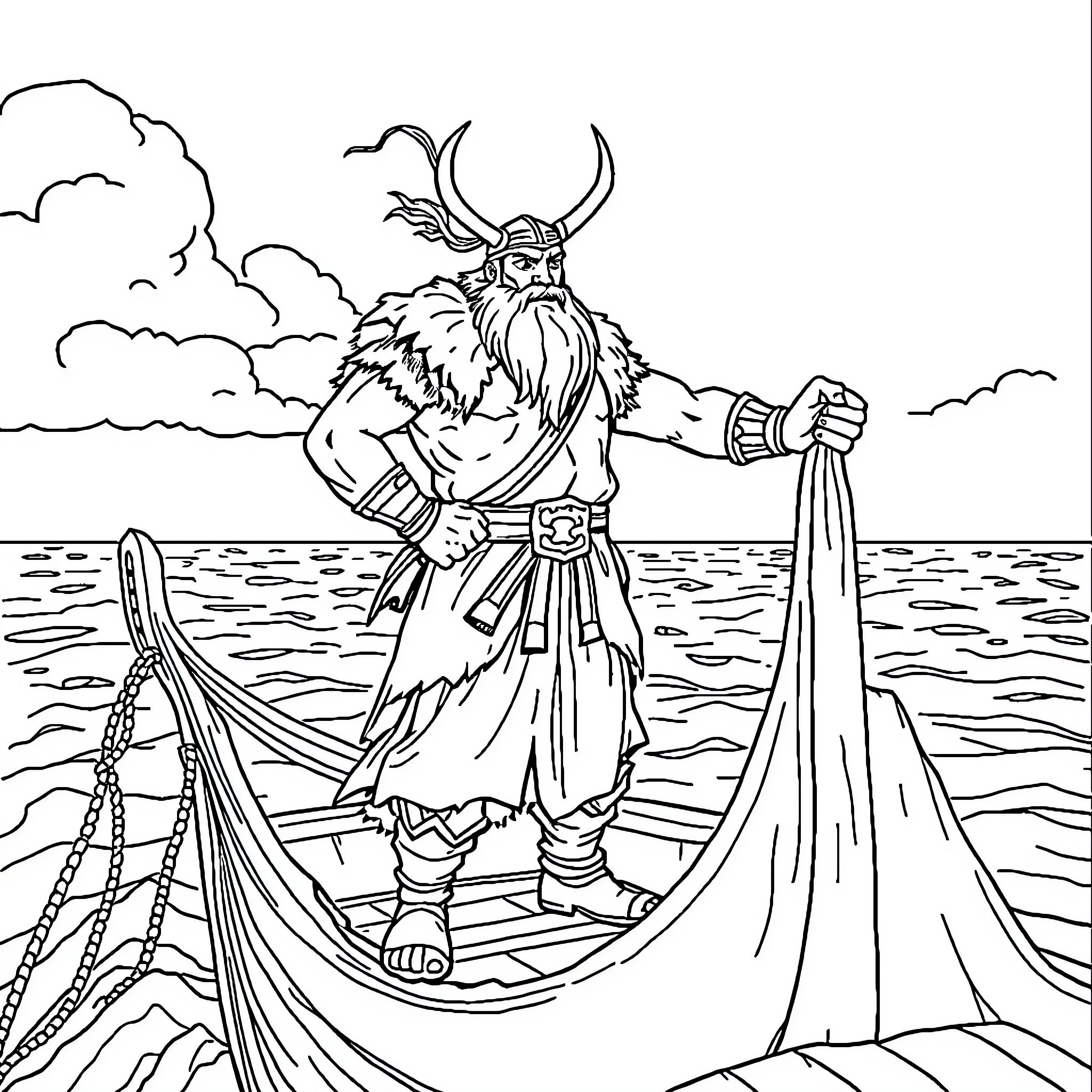 Viking warrior sailing on a boat in the sea Coloring Page (free black-and-white line drawing printable PDF for all, from beginners to advanced learners, including children, teens, adults, and seniors)