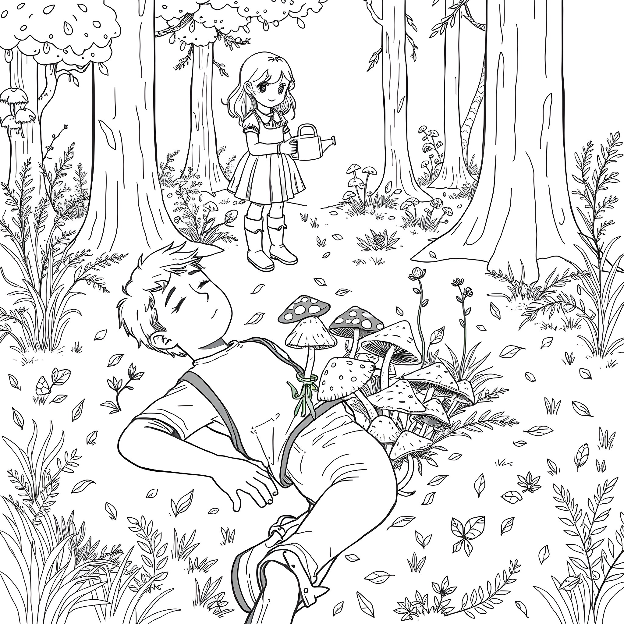 Young Man Resting in Magical Forest with Girl Coloring Page (free black-and-white line drawing printable PDF for all, from beginners to advanced learners, including children, teens, adults, and seniors)