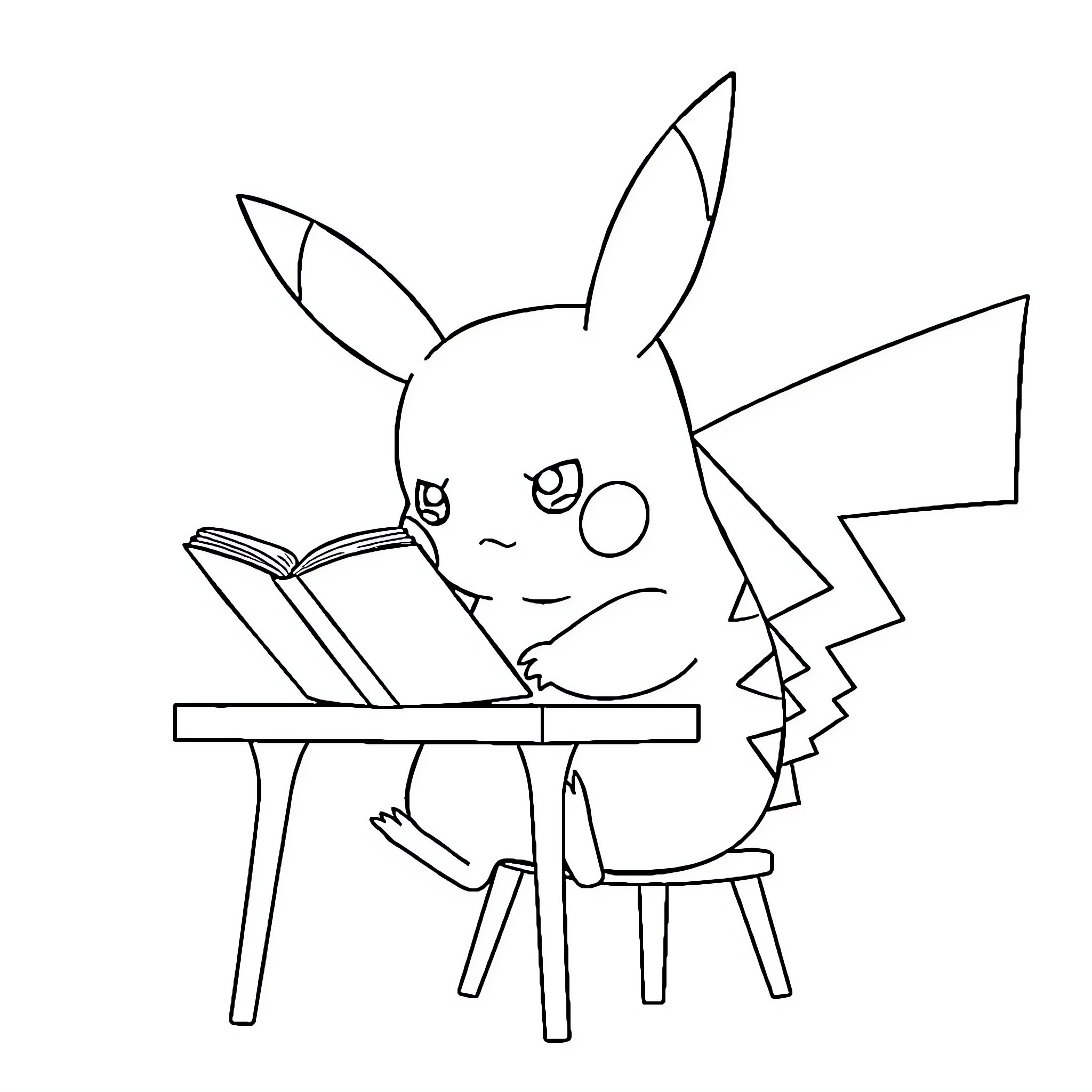 Pikachu studying diligently at the desk Coloring Page (free black-and-white line drawing printable PDF for all, from beginners to advanced learners, including children, teens, adults, and seniors)