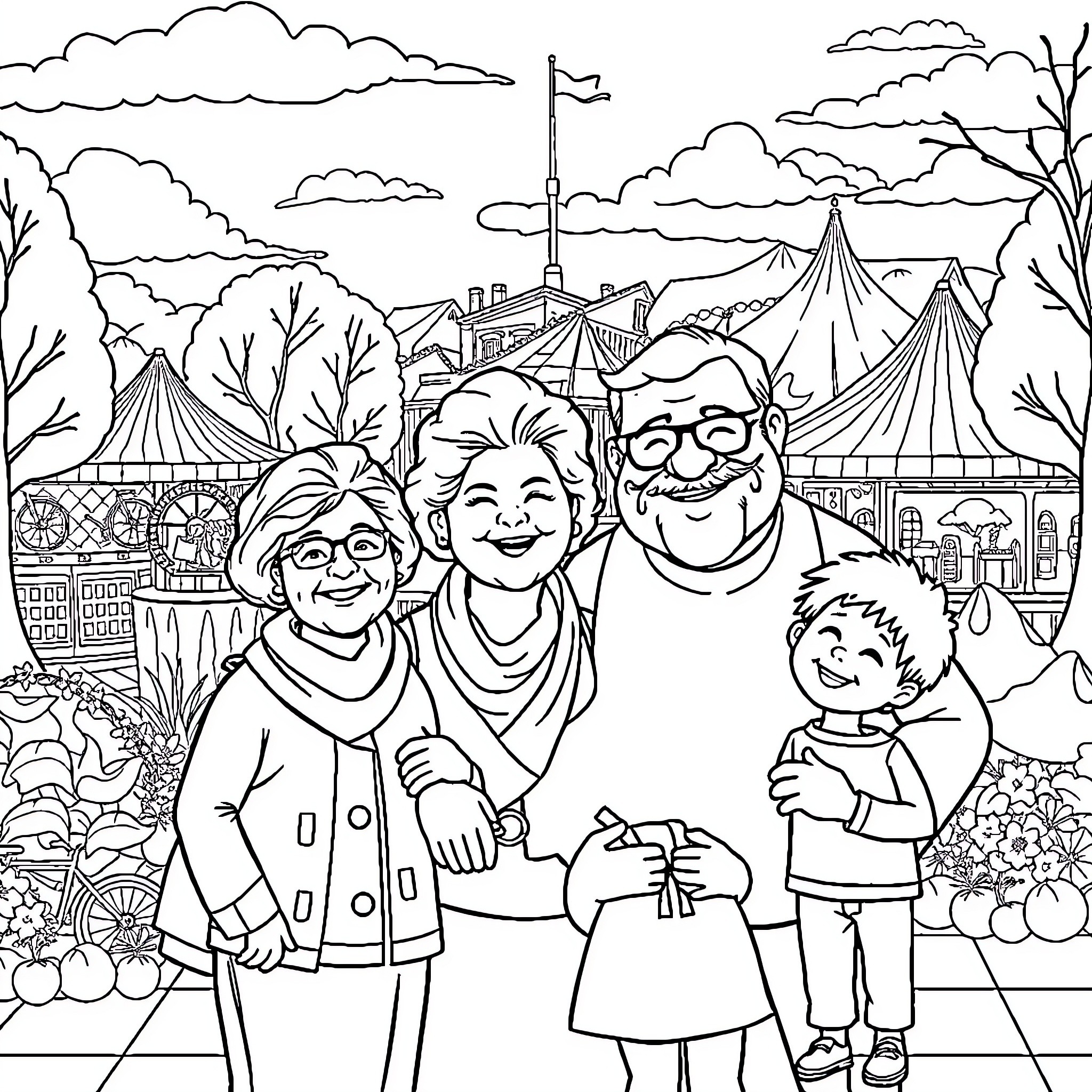 Family Enjoying a Day at the Carnival Coloring Page (free black-and-white line drawing printable PDF for all, from beginners to advanced learners, including children, teens, adults, and seniors)