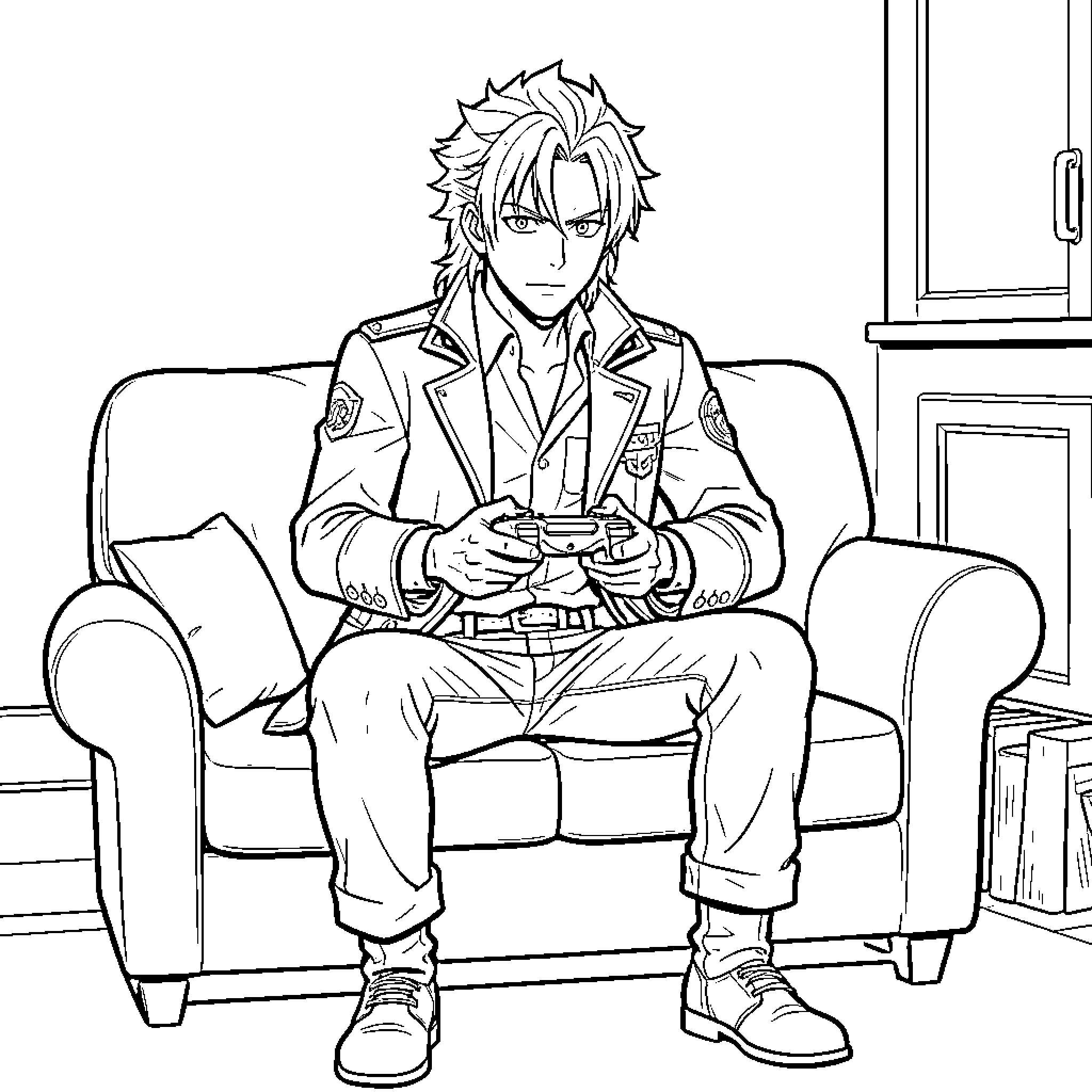 Trafalgar Law: Gamer in the Living Room Coloring Page (free black-and-white line drawing printable PDF for all, from beginners to advanced learners, including children, teens, adults, and seniors)