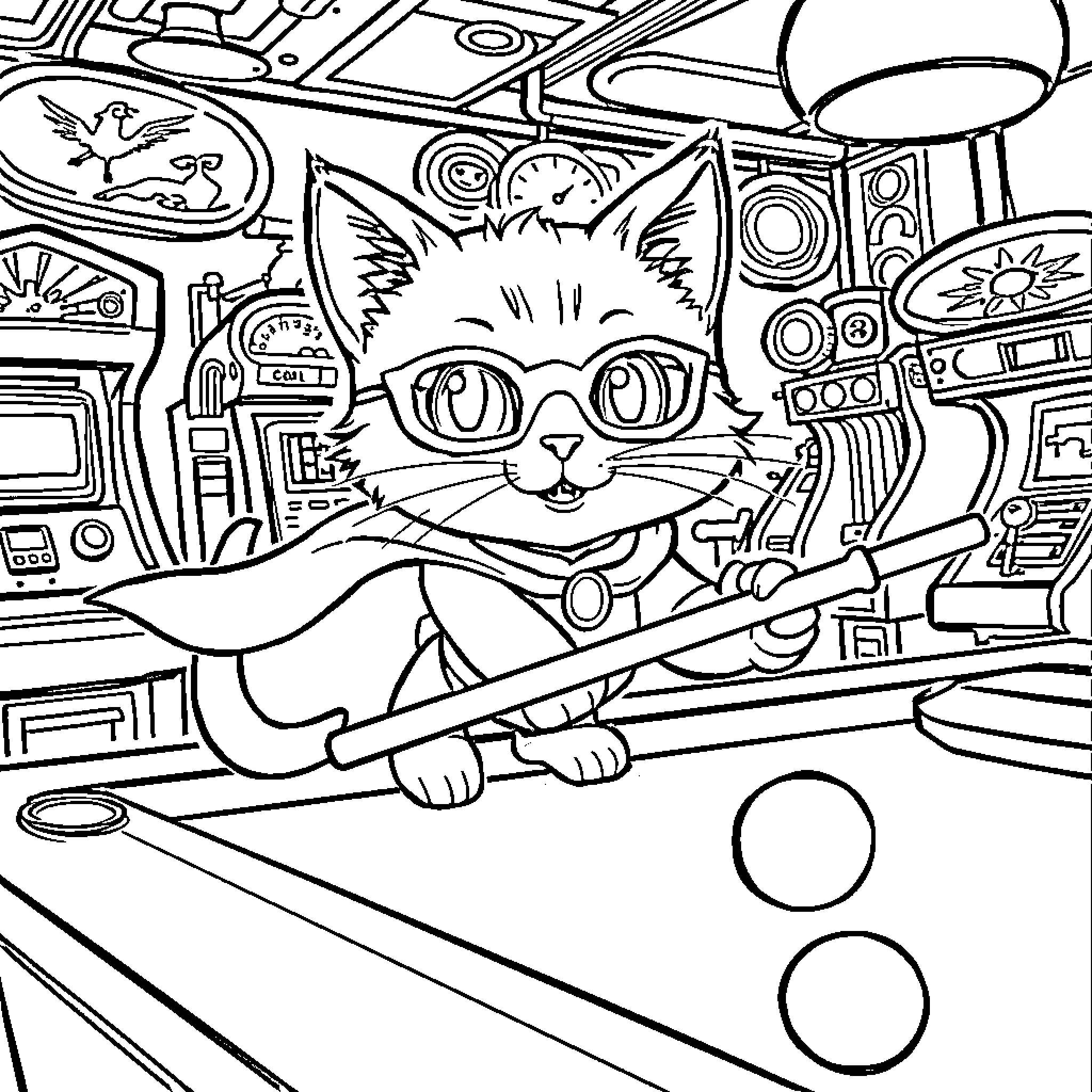 Kitty exploring a futuristic gadget-filled room Coloring Page (free black-and-white line drawing printable PDF for all, from beginners to advanced learners, including children, teens, adults, and seniors)