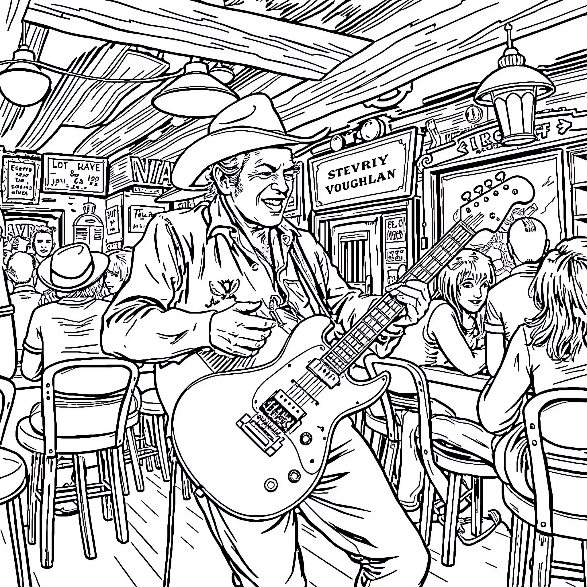 Stevie Ray Vaughan Performing with Passion in a Lively Blues Bar Coloring Page (free black-and-white line drawing printable PDF for all, from beginners to advanced learners, including children, teens, adults, and seniors)
