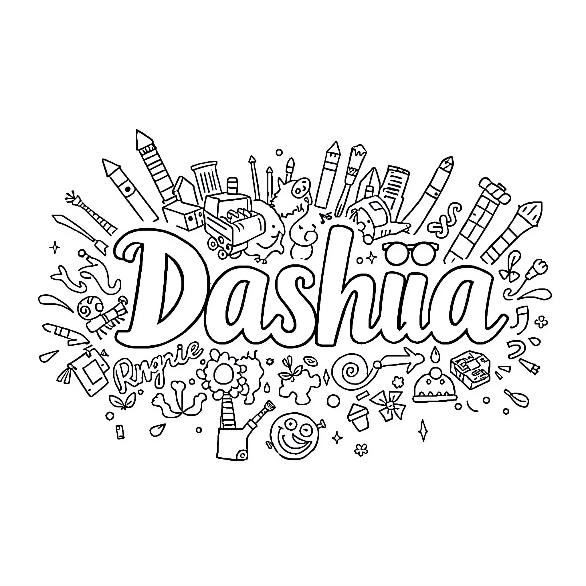 Dashia's Whimsical Doodles and Sketches Coloring Page (free black-and-white line drawing printable PDF for all, from beginners to advanced learners, including children, teens, adults, and seniors)