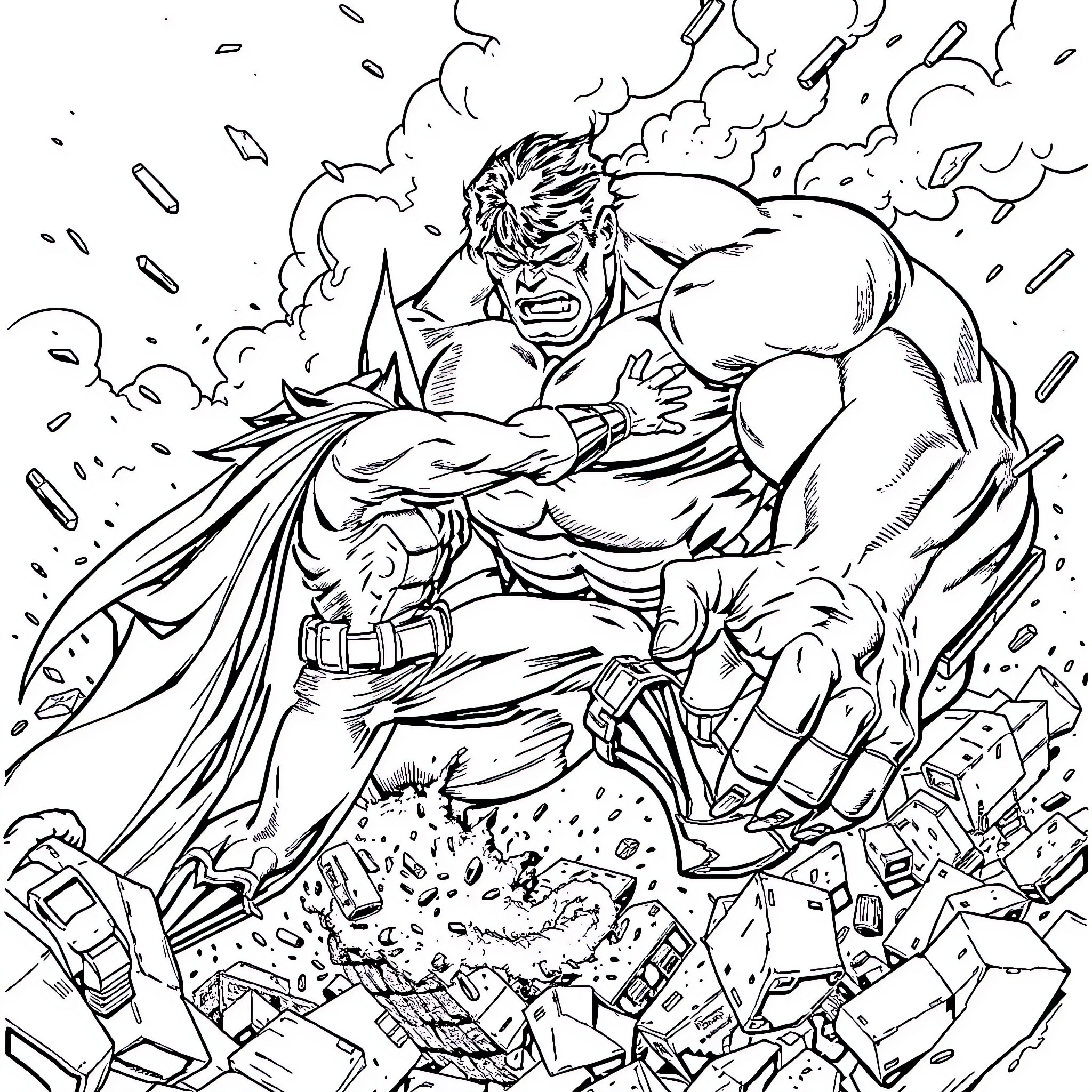Batman Battling Fiercely with Mighty Foe Coloring Page (free black-and-white line drawing printable PDF for all, from beginners to advanced learners, including children, teens, adults, and seniors)