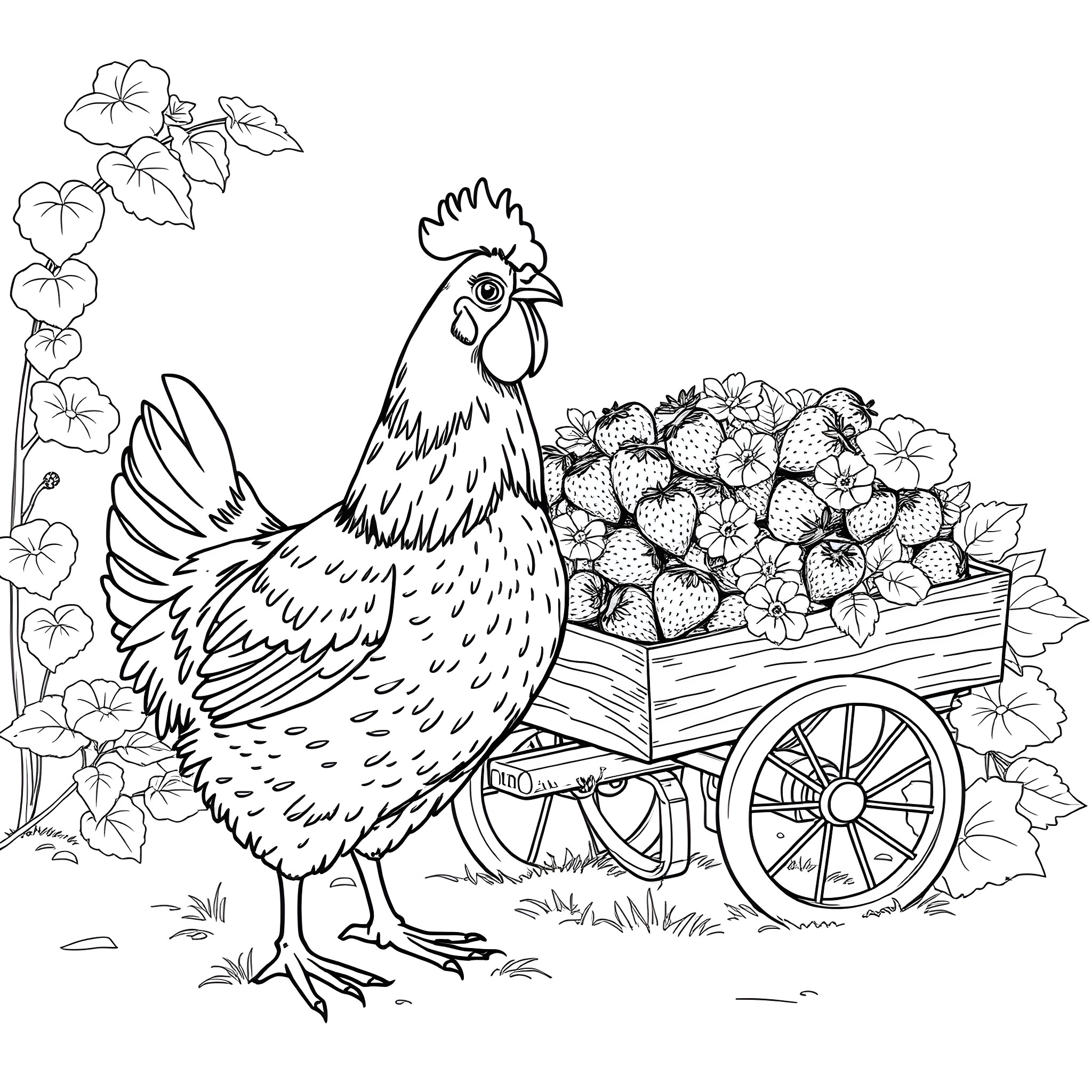 Hen pulling cart of flowers Coloring Page (free black-and-white line drawing printable PDF for all, from beginners to advanced learners, including children, teens, adults, and seniors)