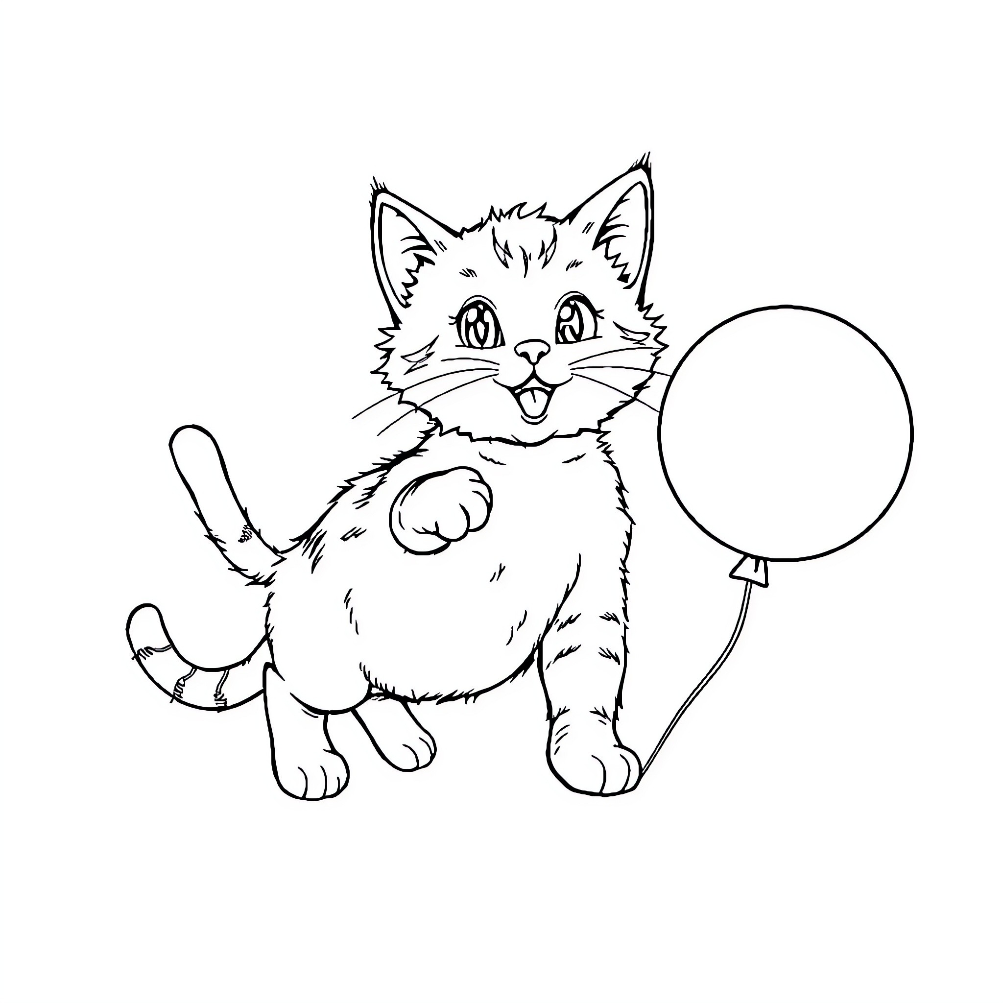 Cat playing with balloon happily Coloring Page (free black-and-white line drawing printable PDF for all, from beginners to advanced learners, including children, teens, adults, and seniors)