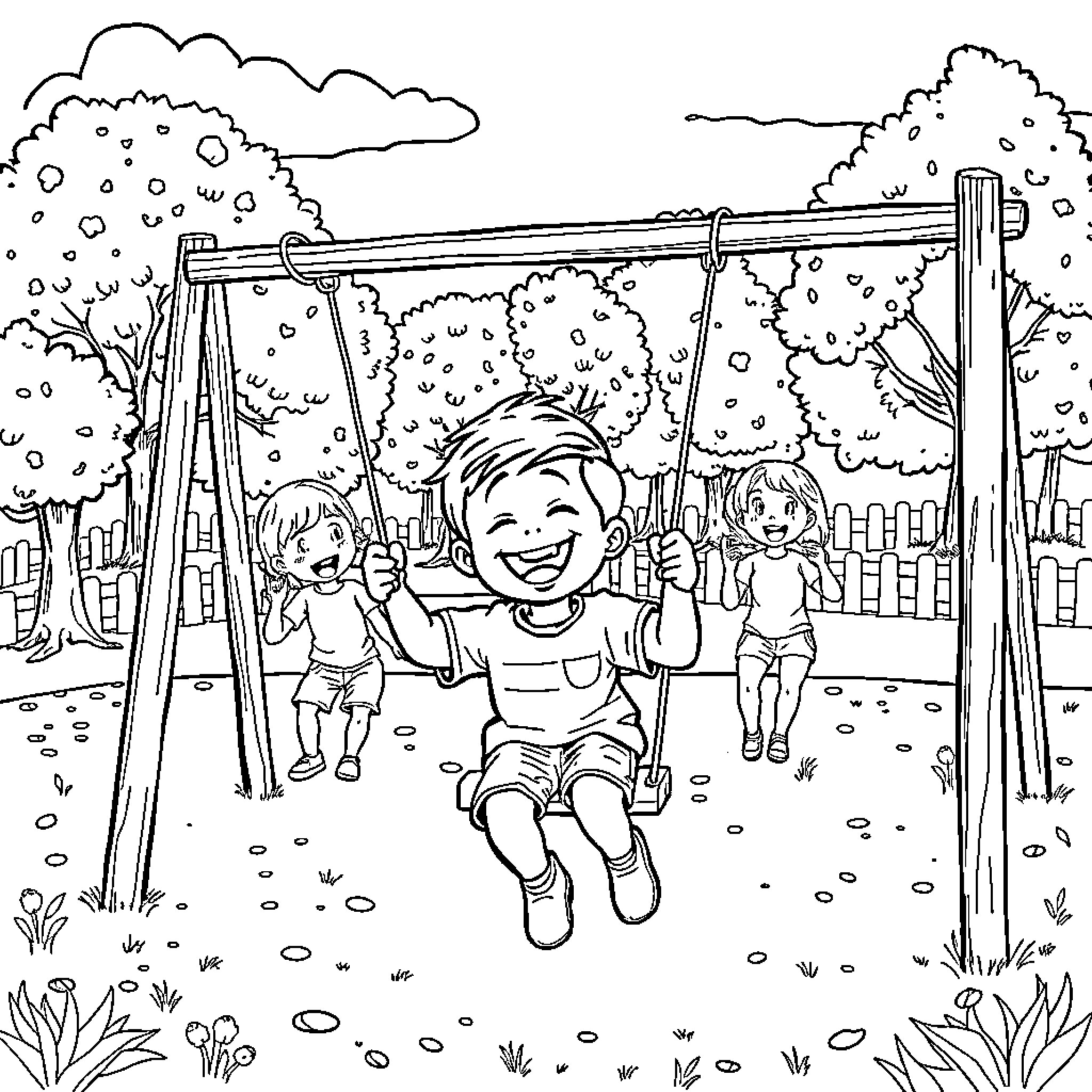 Boy enjoying a joyful swing at the park Coloring Page (free black-and-white line drawing printable PDF for all, from beginners to advanced learners, including children, teens, adults, and seniors)