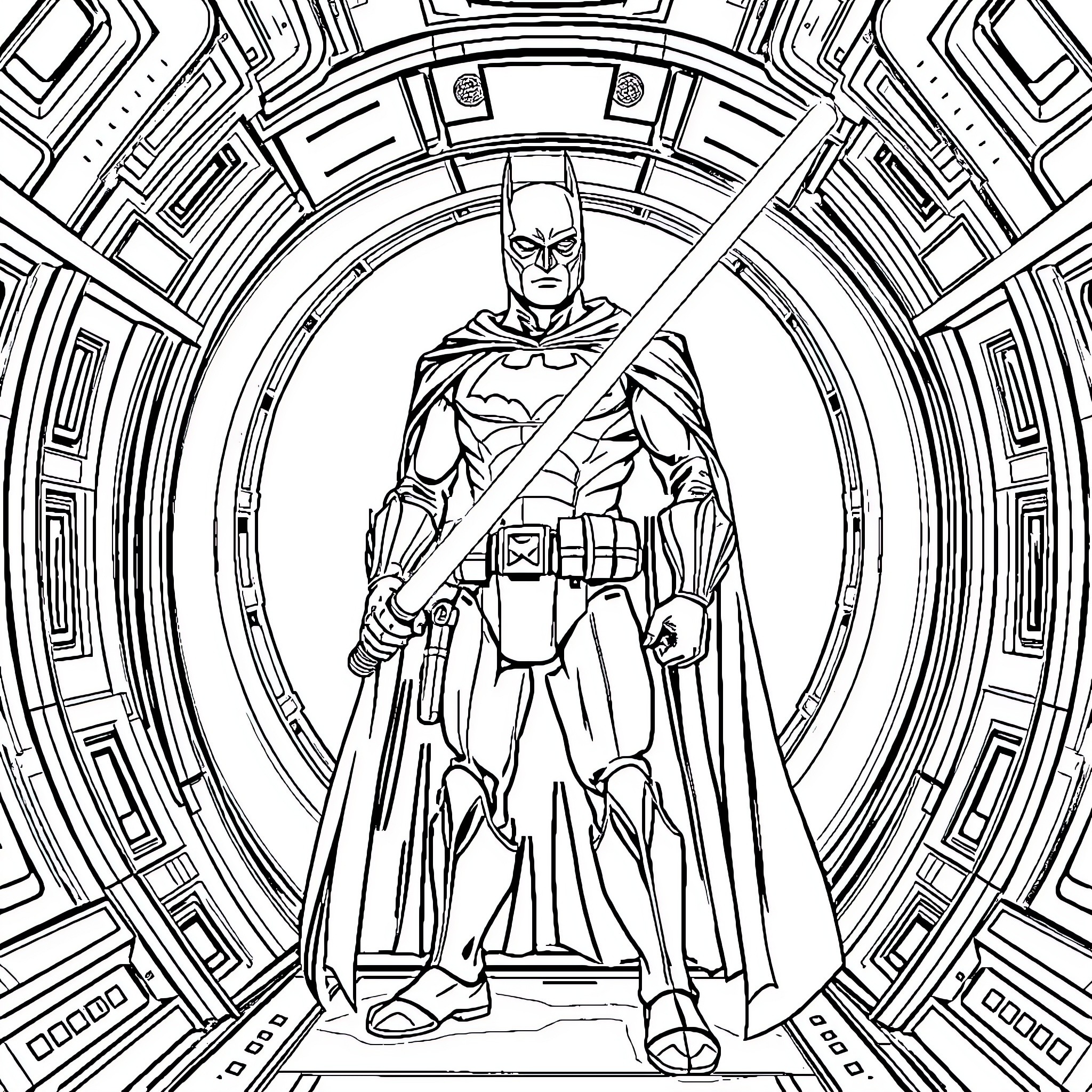 Batman standing heroically in a futuristic setting Coloring Page (free black-and-white line drawing printable PDF for all, from beginners to advanced learners, including children, teens, adults, and seniors)