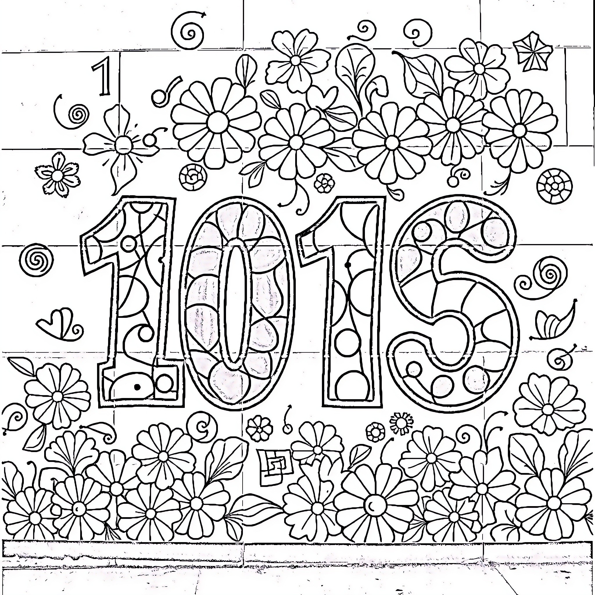 Number Playful Floral Design with the Year 2016 Coloring Page (free black-and-white line drawing printable PDF for all, from beginners to advanced learners, including children, teens, adults, and seniors)