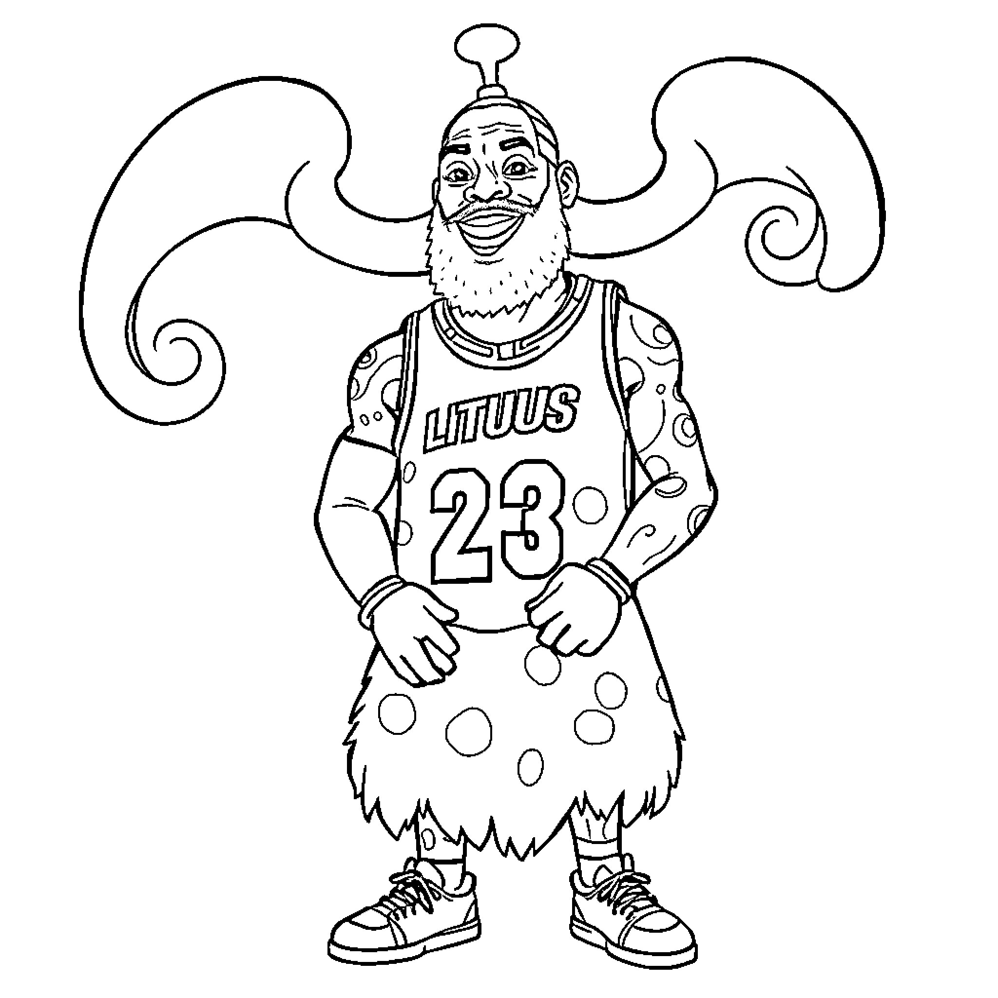 LeBron James as a Clown Performing in a Basketball Game Coloring Page (free black-and-white line drawing printable PDF for all, from beginners to advanced learners, including children, teens, adults, and seniors)