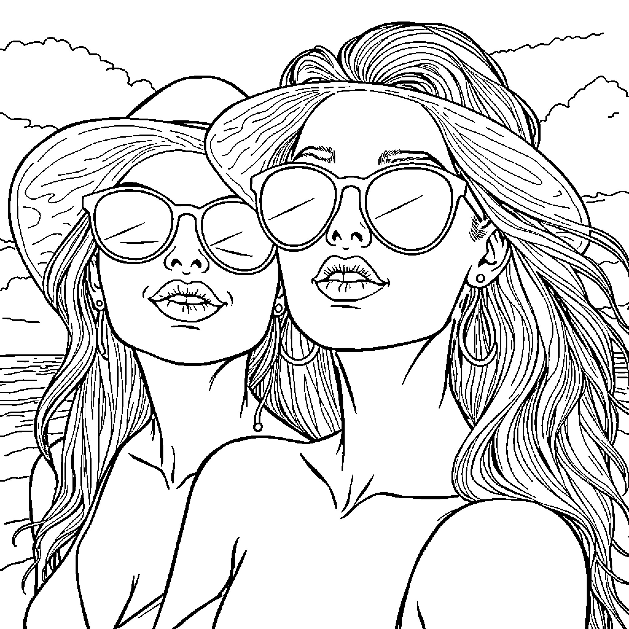 Woman in sunglasses posing with friend on beach Coloring Page (free black-and-white line drawing printable PDF for all, from beginners to advanced learners, including children, teens, adults, and seniors)