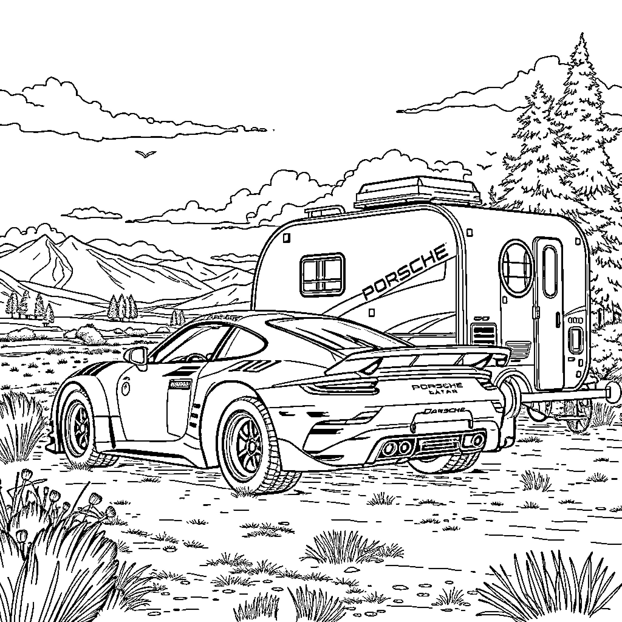 Porsche sports car and camping trailer in nature Coloring Page (free black-and-white line drawing printable PDF for all, from beginners to advanced learners, including children, teens, adults, and seniors)