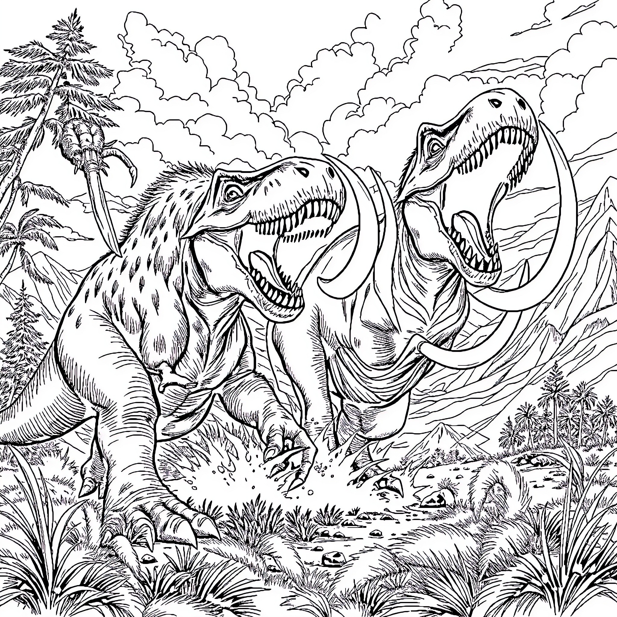 Dinosaurs battling ferociously in prehistoric landscape Coloring Page (free black-and-white line drawing printable PDF for all, from beginners to advanced learners, including children, teens, adults, and seniors)