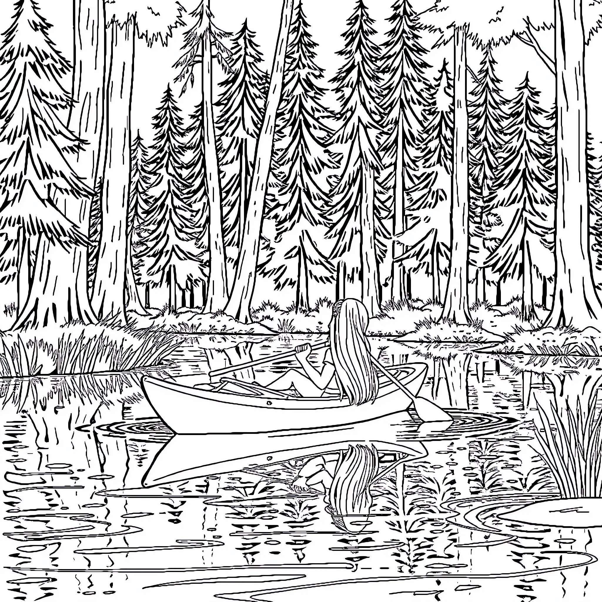 Rapunzel exploring the enchanted forest in a boat Coloring Page (free black-and-white line drawing printable PDF for all, from beginners to advanced learners, including children, teens, adults, and seniors)