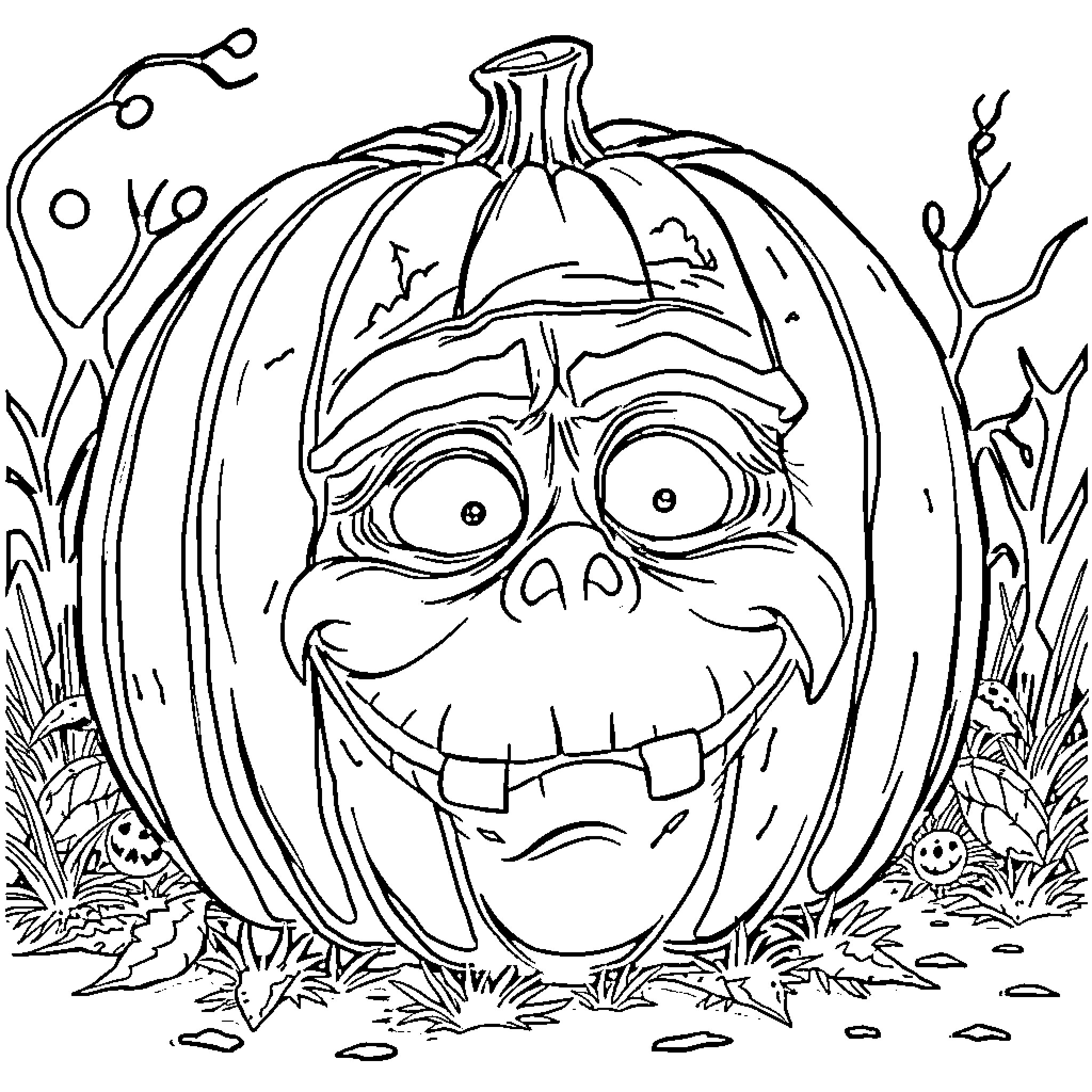 Pumpkin with a silly grin in the grass Coloring Page (free black-and-white line drawing printable PDF for all, from beginners to advanced learners, including children, teens, adults, and seniors)