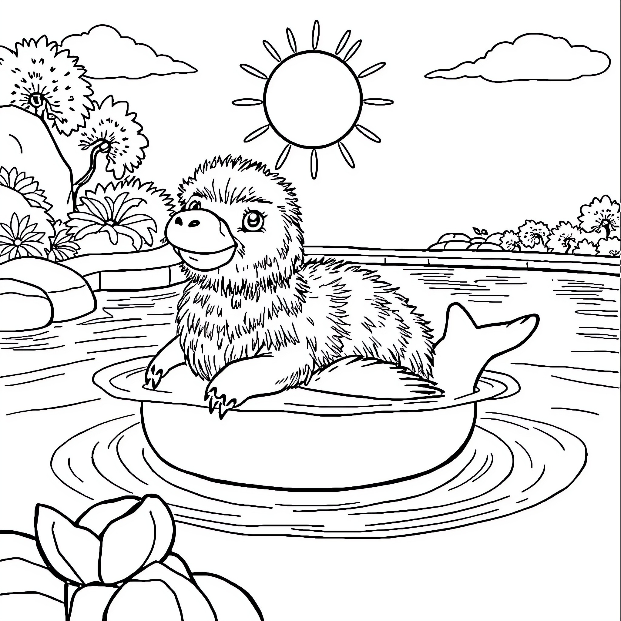 Mouton enjoying a sunny day by the lake Coloring Page (free black-and-white line drawing printable PDF for all, from beginners to advanced learners, including children, teens, adults, and seniors)
