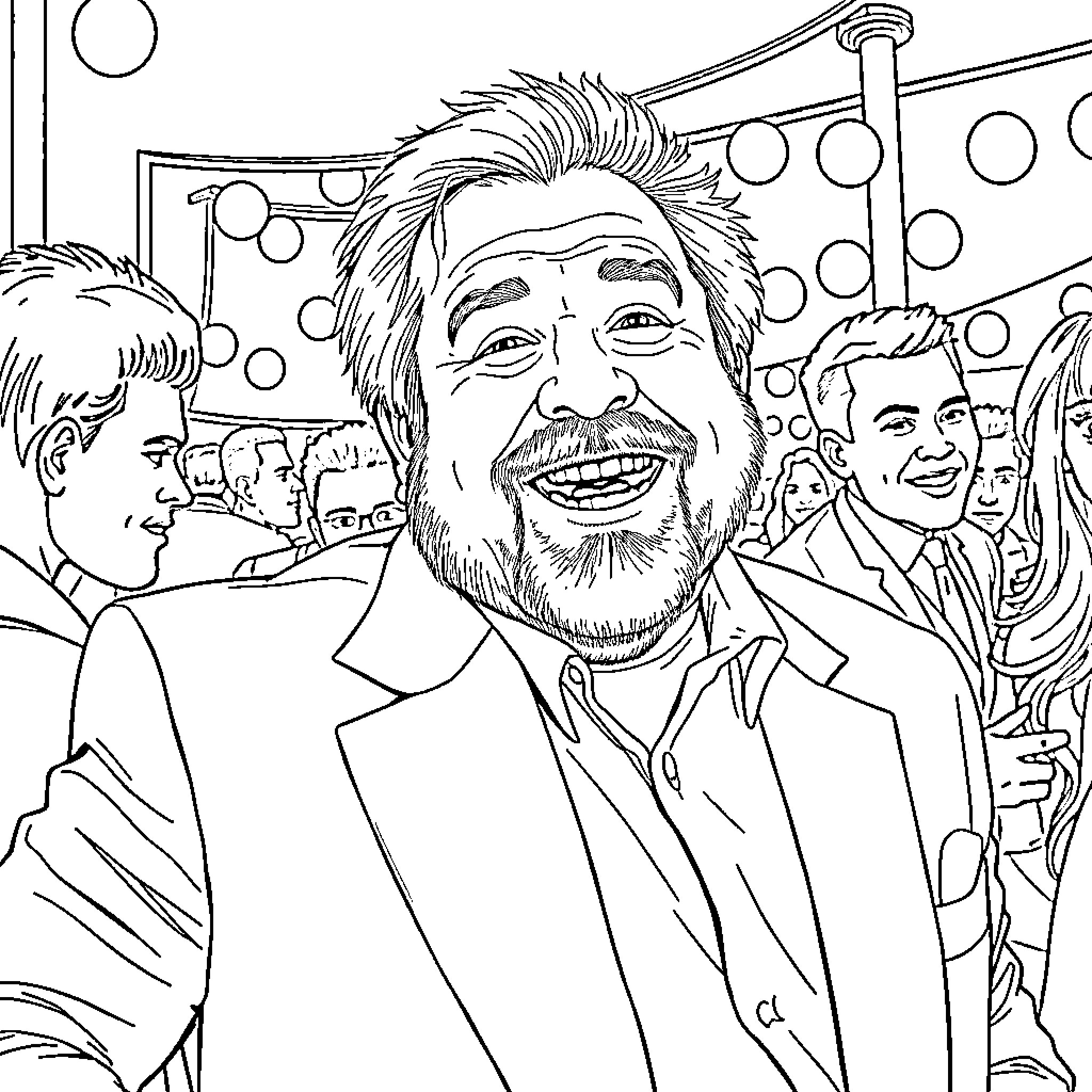 Danny DeVito engaging with a lively crowd Coloring Page (free black-and-white line drawing printable PDF for all, from beginners to advanced learners, including children, teens, adults, and seniors)