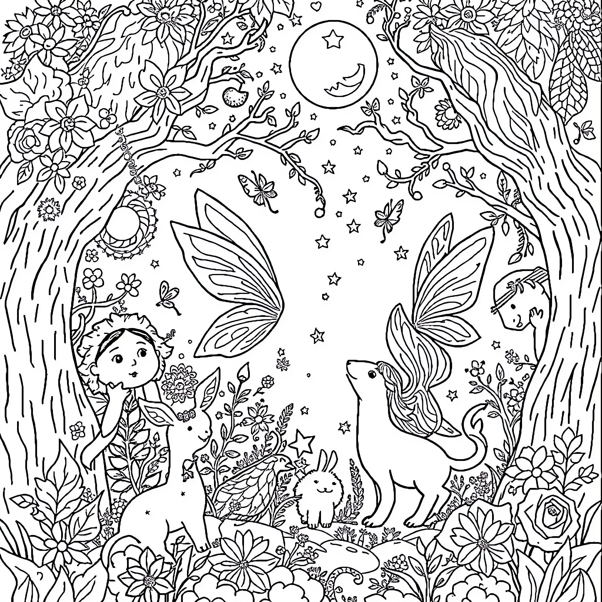 Fairy Tale Forest Dreamscape with Whimsical Creatures Coloring Page (free black-and-white line drawing printable PDF for all, from beginners to advanced learners, including children, teens, adults, and seniors)