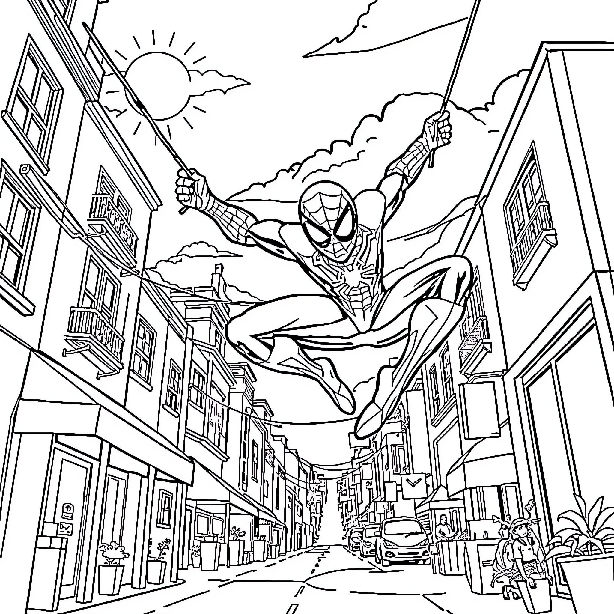 Spiderman swinging through the city Coloring Page (free black-and-white line drawing printable PDF for all, from beginners to advanced learners, including children, teens, adults, and seniors)