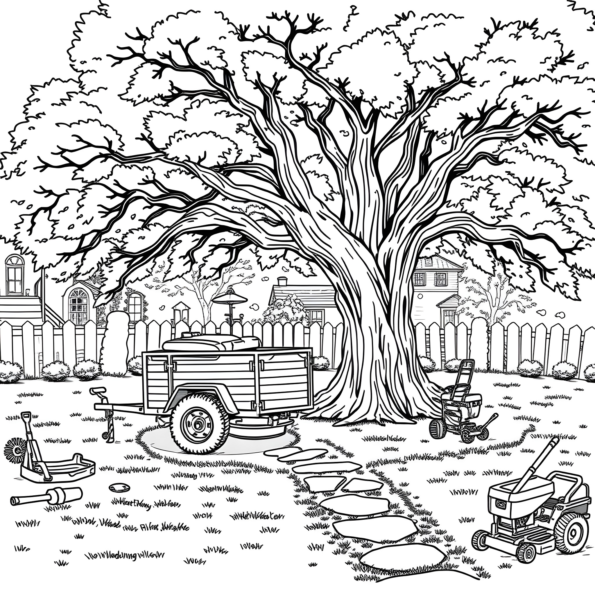 Mower Trailer Scene with Yard Tools Coloring Page (free black-and-white line drawing printable PDF for all, from beginners to advanced learners, including children, teens, adults, and seniors)