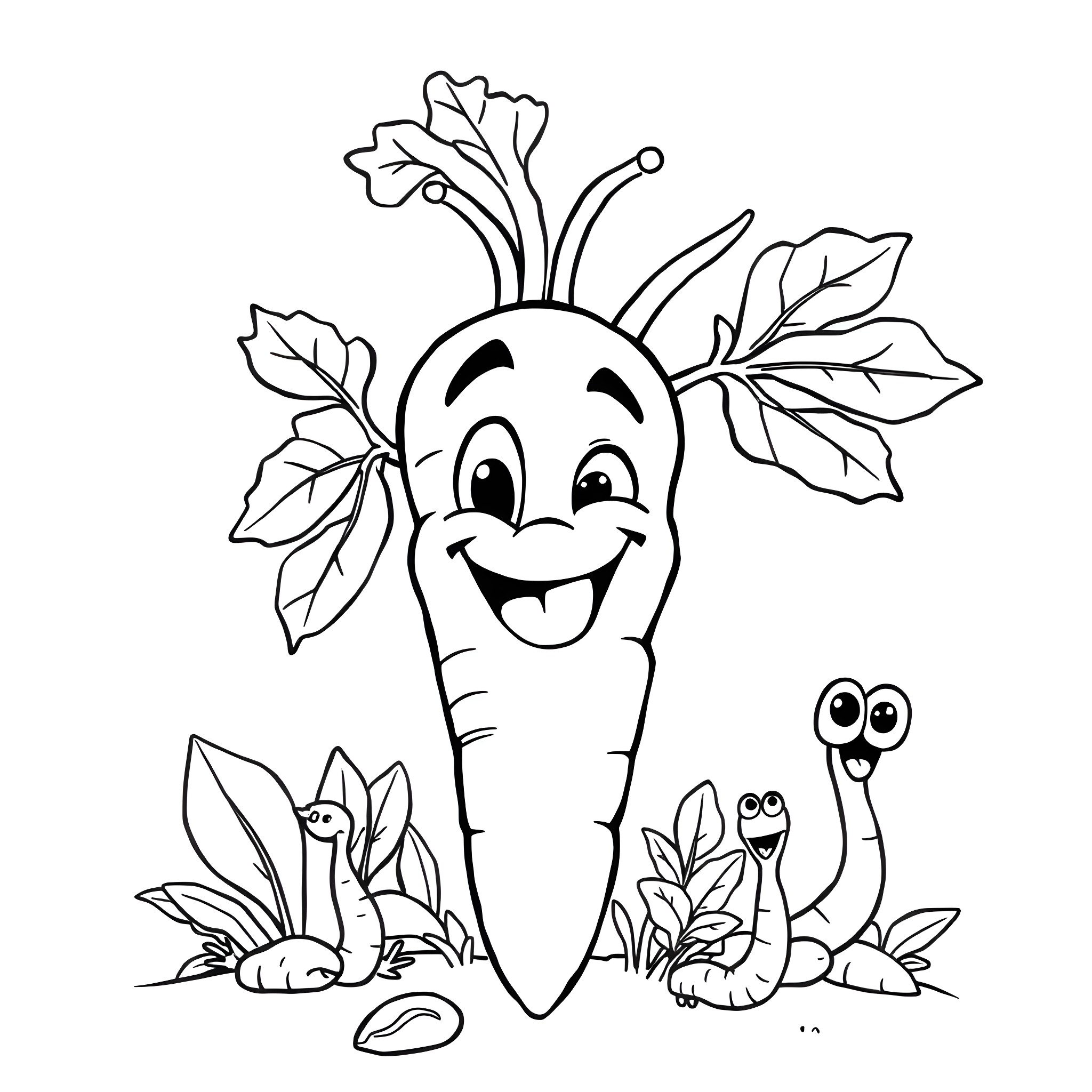 Carrot character with smiling face and leaves in garden Coloring Page (free black-and-white line drawing printable PDF for all, from beginners to advanced learners, including children, teens, adults, and seniors)