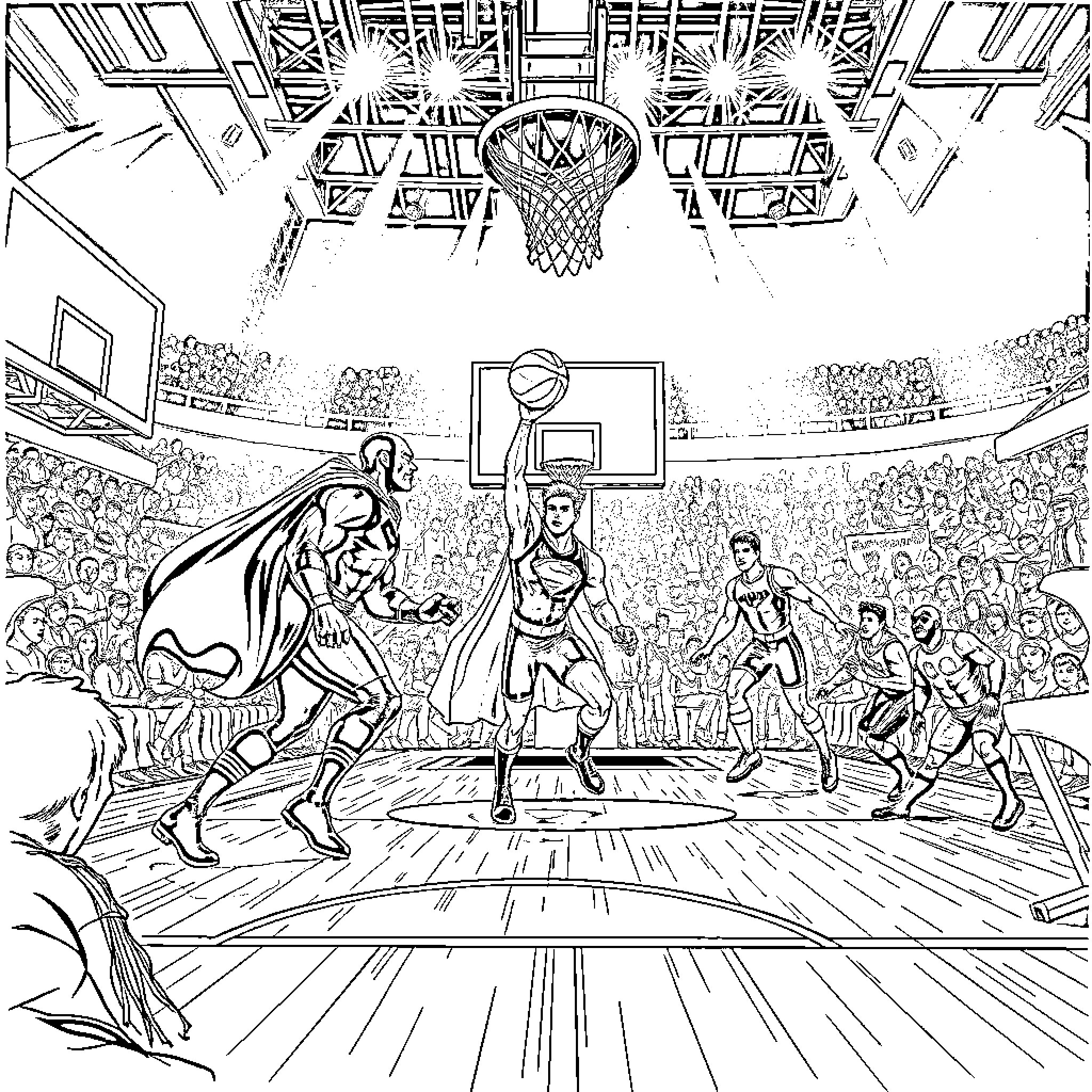 Justice League Basketball Showdown in Arena Coloring Page (free black-and-white line drawing printable PDF for all, from beginners to advanced learners, including children, teens, adults, and seniors)