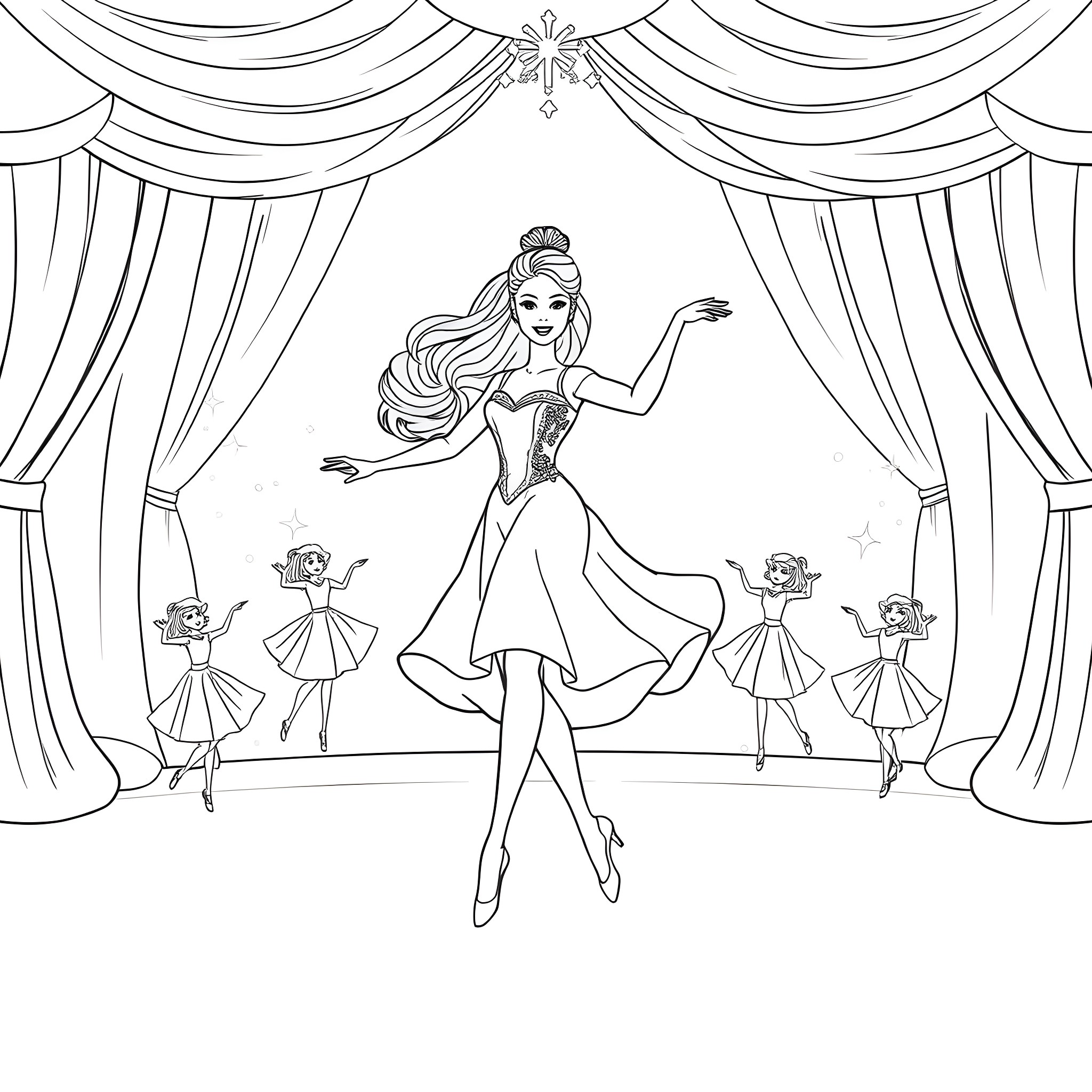 Barbie's Graceful Dance Performance Coloring Page (free black-and-white line drawing printable PDF for all, from beginners to advanced learners, including children, teens, adults, and seniors)