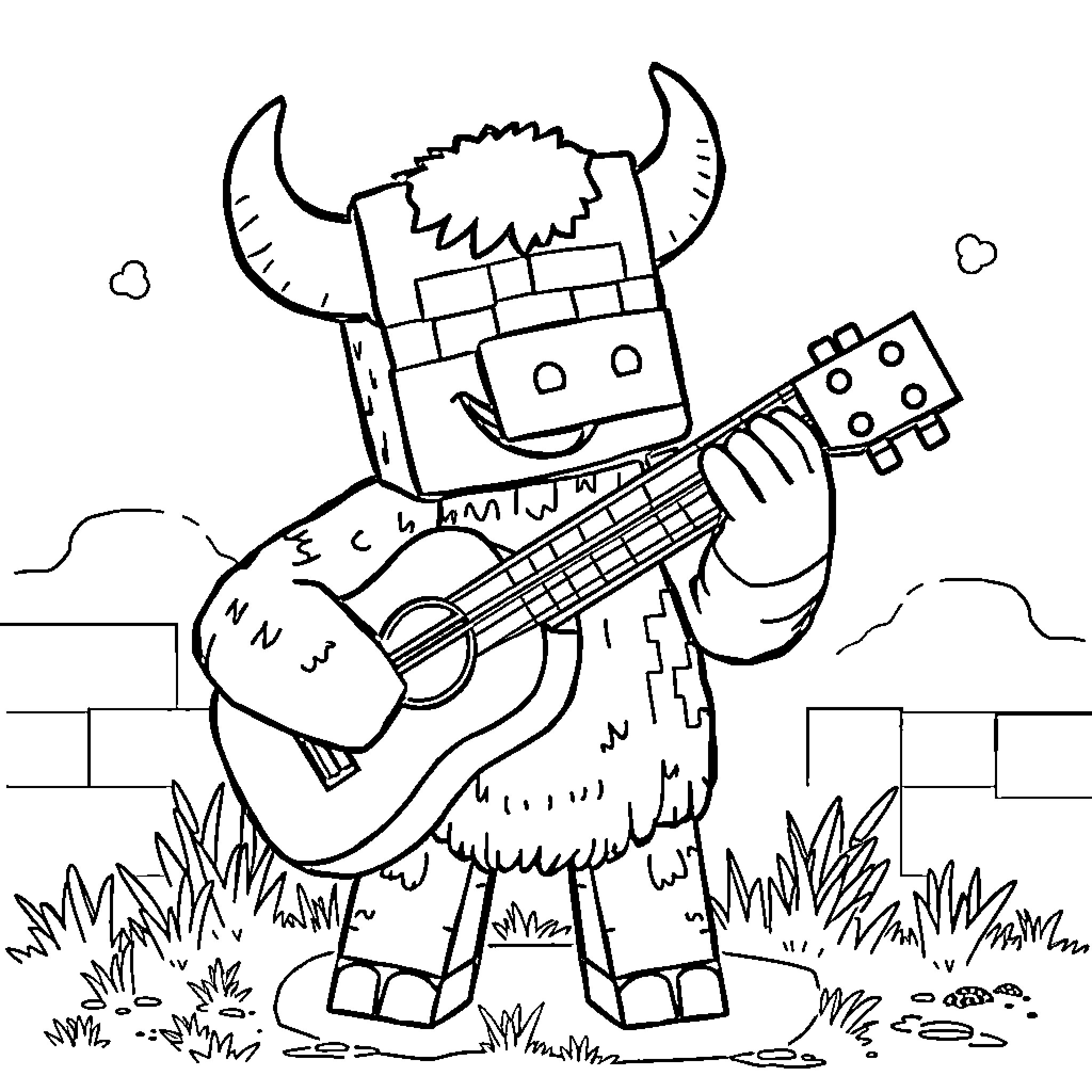 Minecraft Pig playing guitar in the field Coloring Page (free black-and-white line drawing printable PDF for all, from beginners to advanced learners, including children, teens, adults, and seniors)