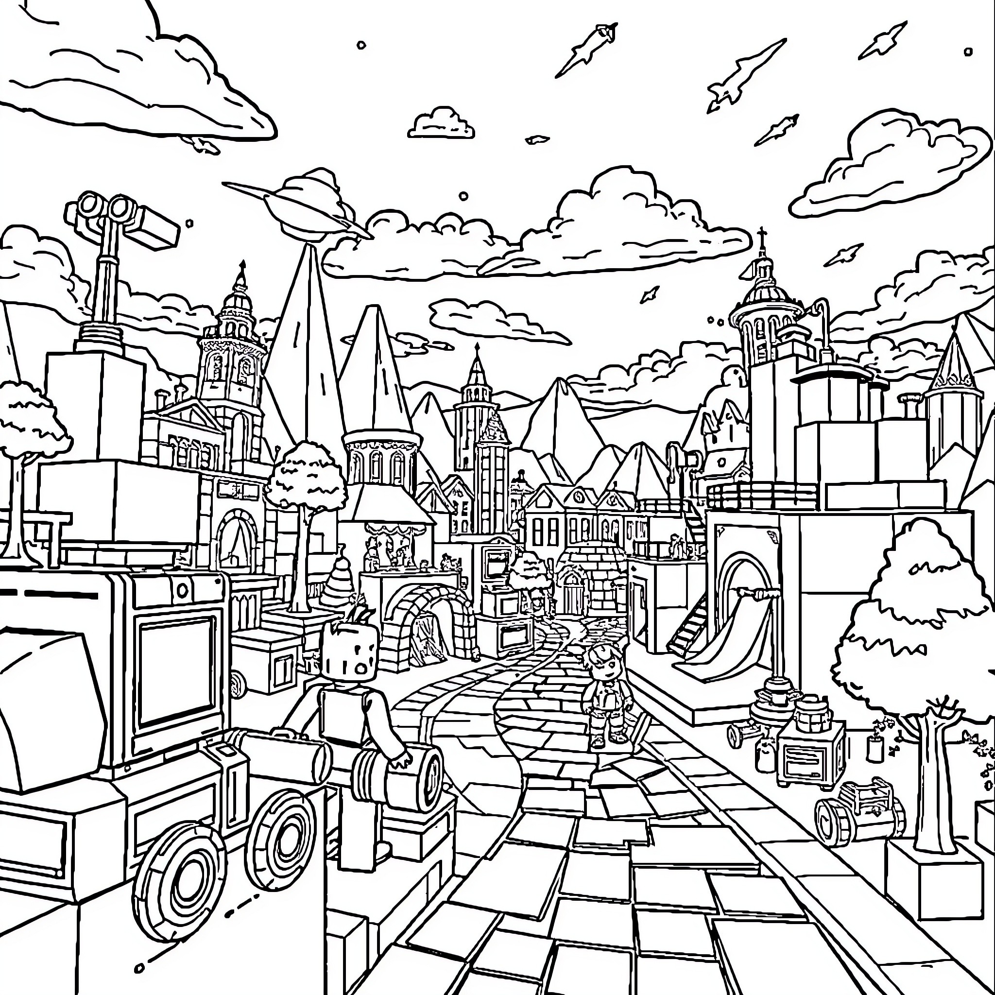 Roblox fantasy city with buildings, vehicles, and characters Coloring Page (free black-and-white line drawing printable PDF for all, from beginners to advanced learners, including children, teens, adults, and seniors)