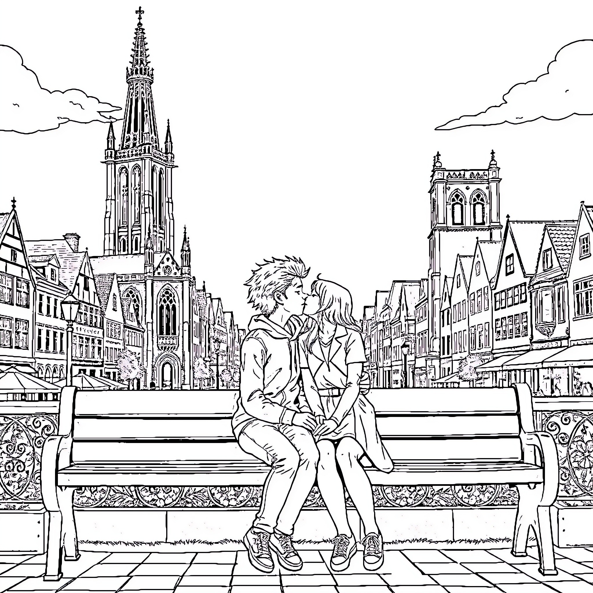 Teenagers enjoying a moment in a historic city Coloring Page (free black-and-white line drawing printable PDF for all, from beginners to advanced learners, including children, teens, adults, and seniors)