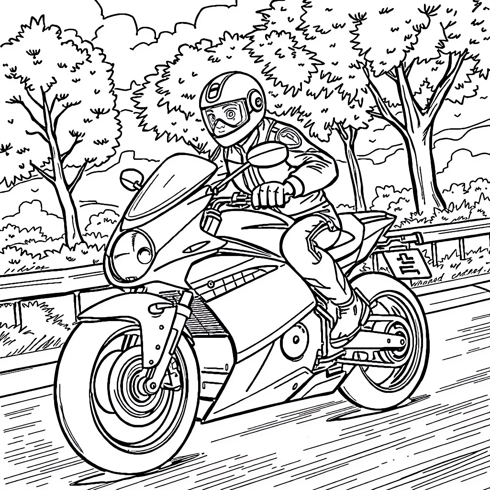 Marcus Riding the Motorcycle on the Road Coloring Page (free black-and-white line drawing printable PDF for all, from beginners to advanced learners, including children, teens, adults, and seniors)