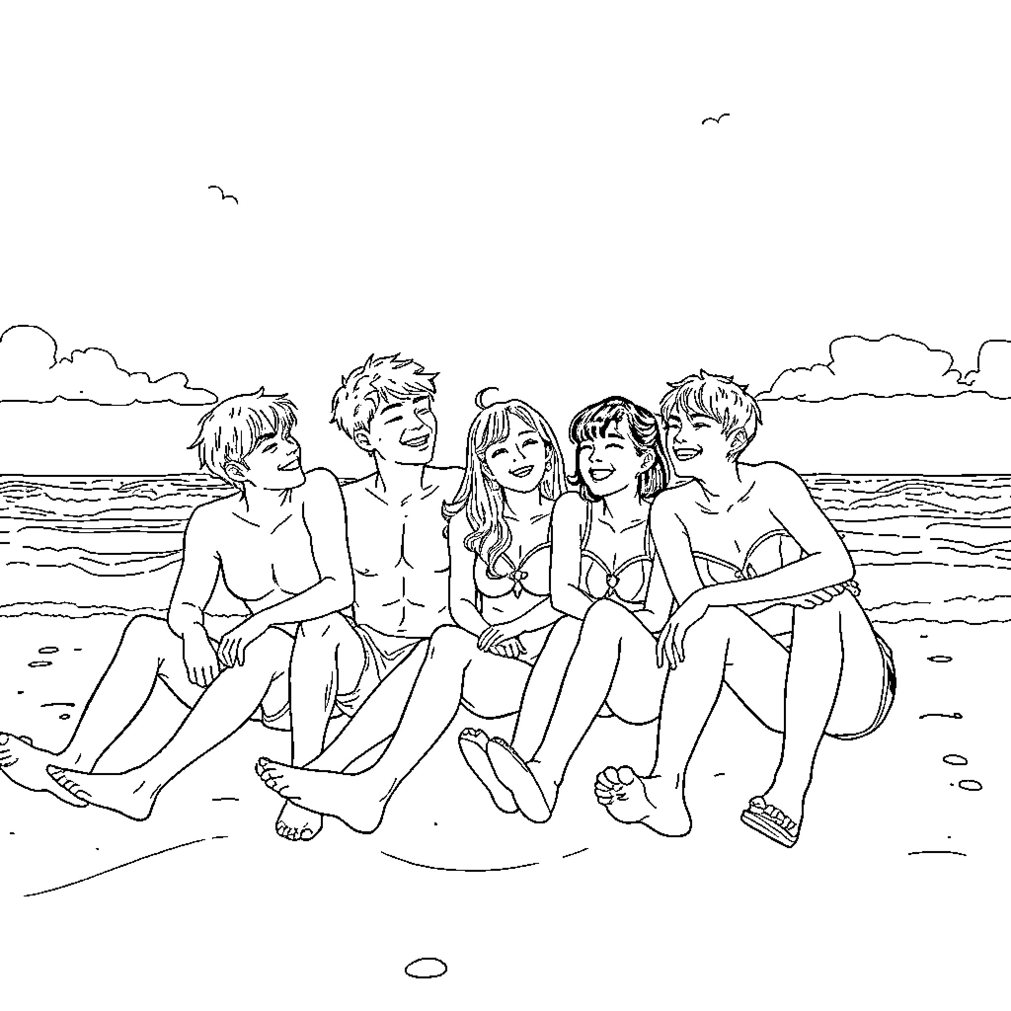 Kpopdaemon Hunter group relaxing at the beach Coloring Page (free black-and-white line drawing printable PDF for all, from beginners to advanced learners, including children, teens, adults, and seniors)
