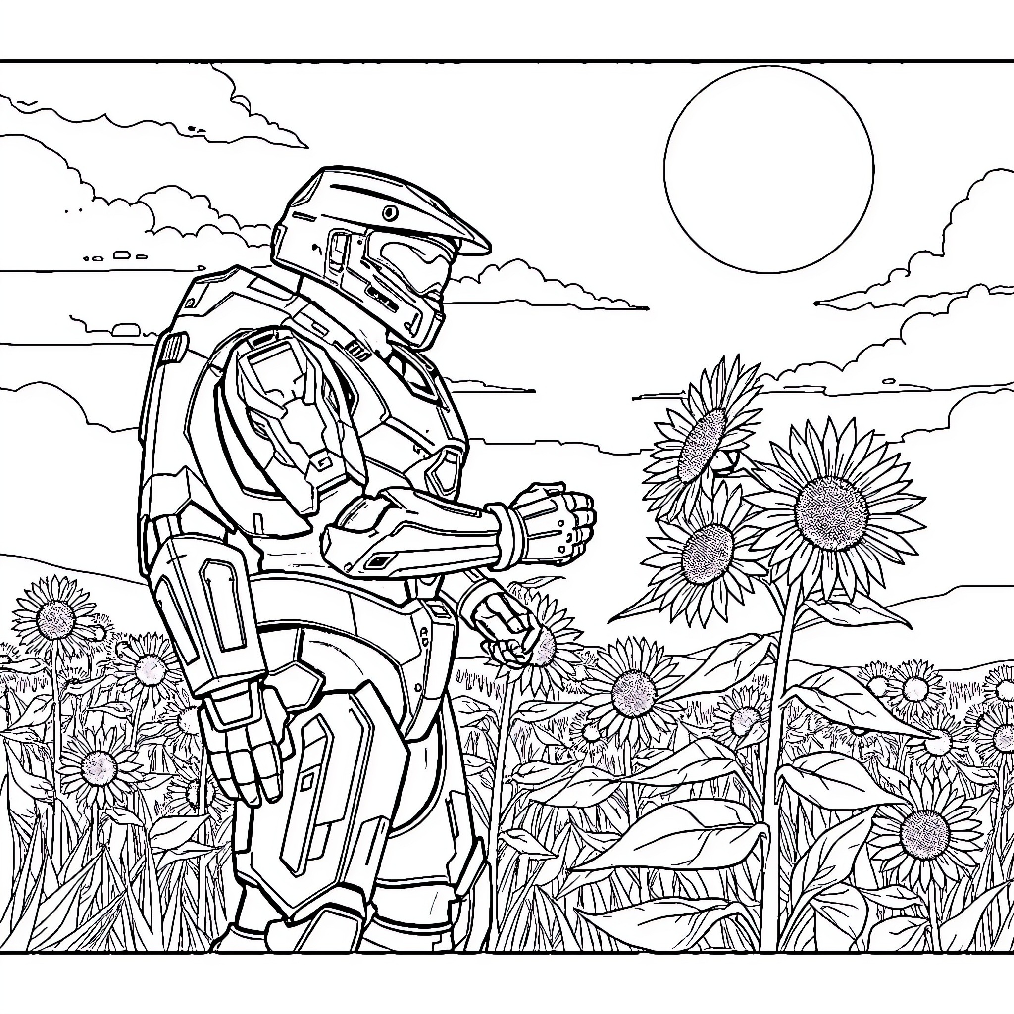 Halo Master Chief in a tranquil nature scene Coloring Page (free black-and-white line drawing printable PDF for all, from beginners to advanced learners, including children, teens, adults, and seniors)