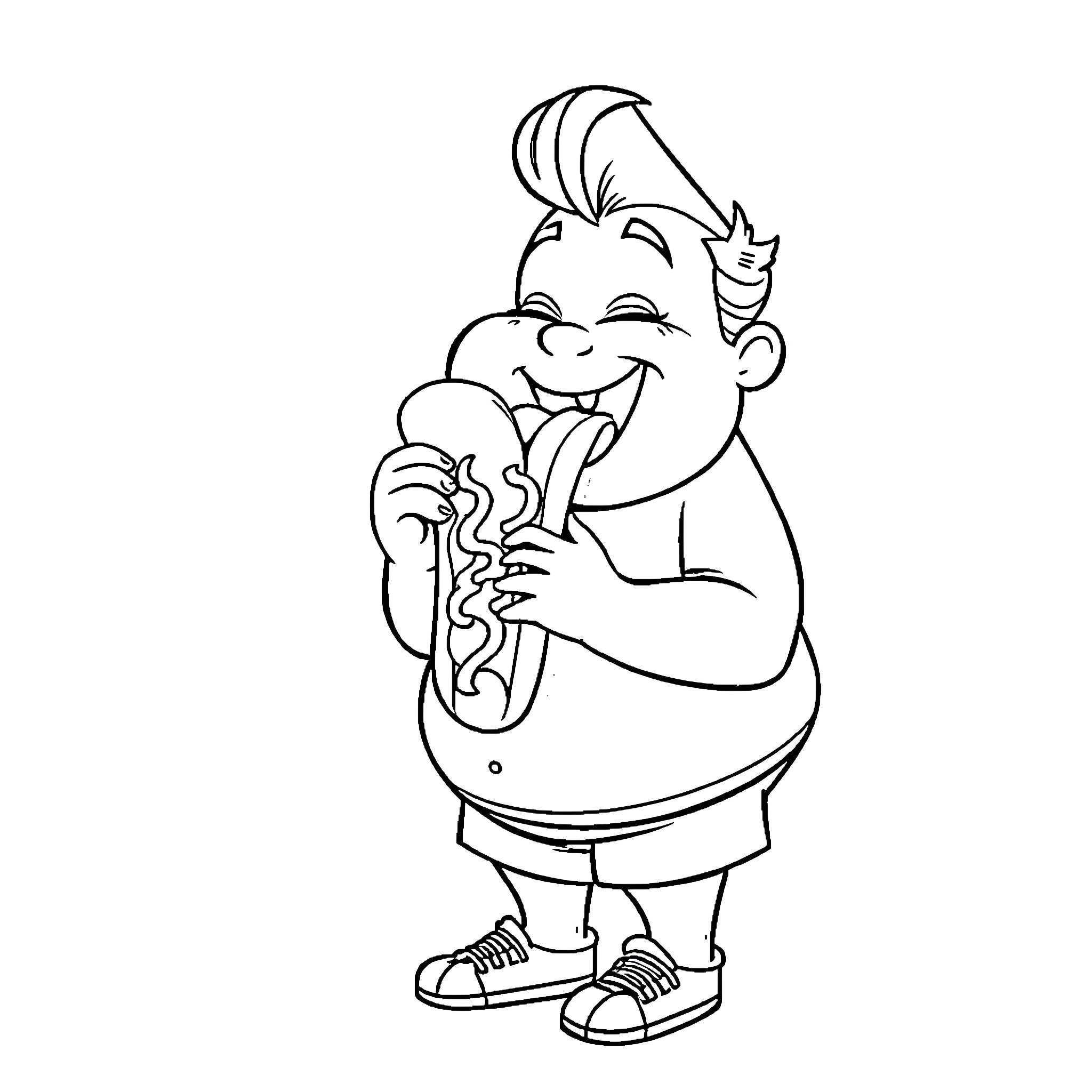 Femboy playing cheerfully with a saxophone Coloring Page (free black-and-white line drawing printable PDF for all, from beginners to advanced learners, including children, teens, adults, and seniors)