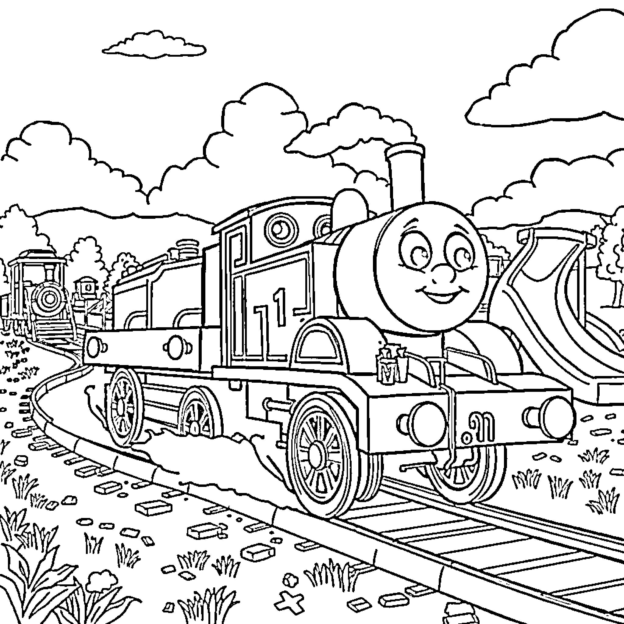 Lightning McQueen's Locomotive Adventure Coloring Page (free black-and-white line drawing printable PDF for all, from beginners to advanced learners, including children, teens, adults, and seniors)