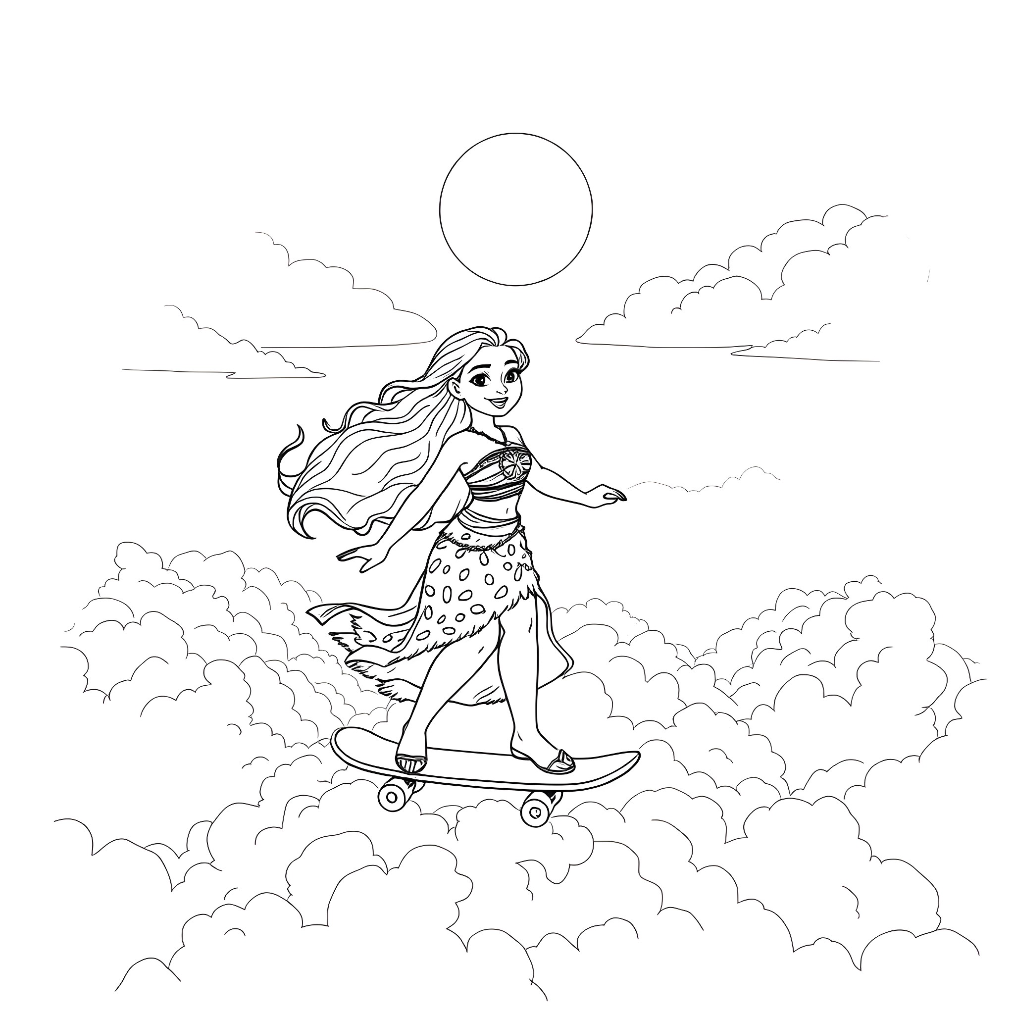 Moana riding a skateboard through the clouds Coloring Page (free black-and-white line drawing printable PDF for all, from beginners to advanced learners, including children, teens, adults, and seniors)