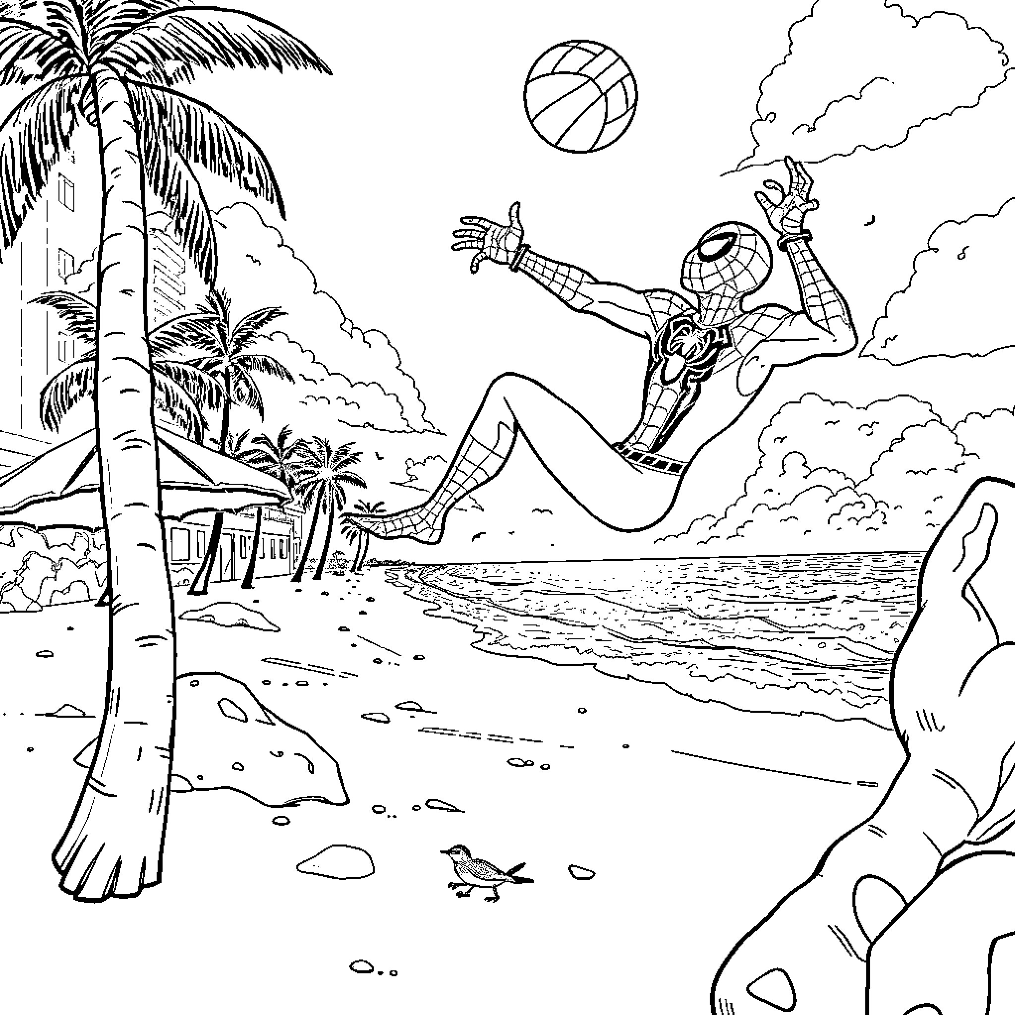 Spiderman relaxing on the beach Coloring Page (free black-and-white line drawing printable PDF for all, from beginners to advanced learners, including children, teens, adults, and seniors)