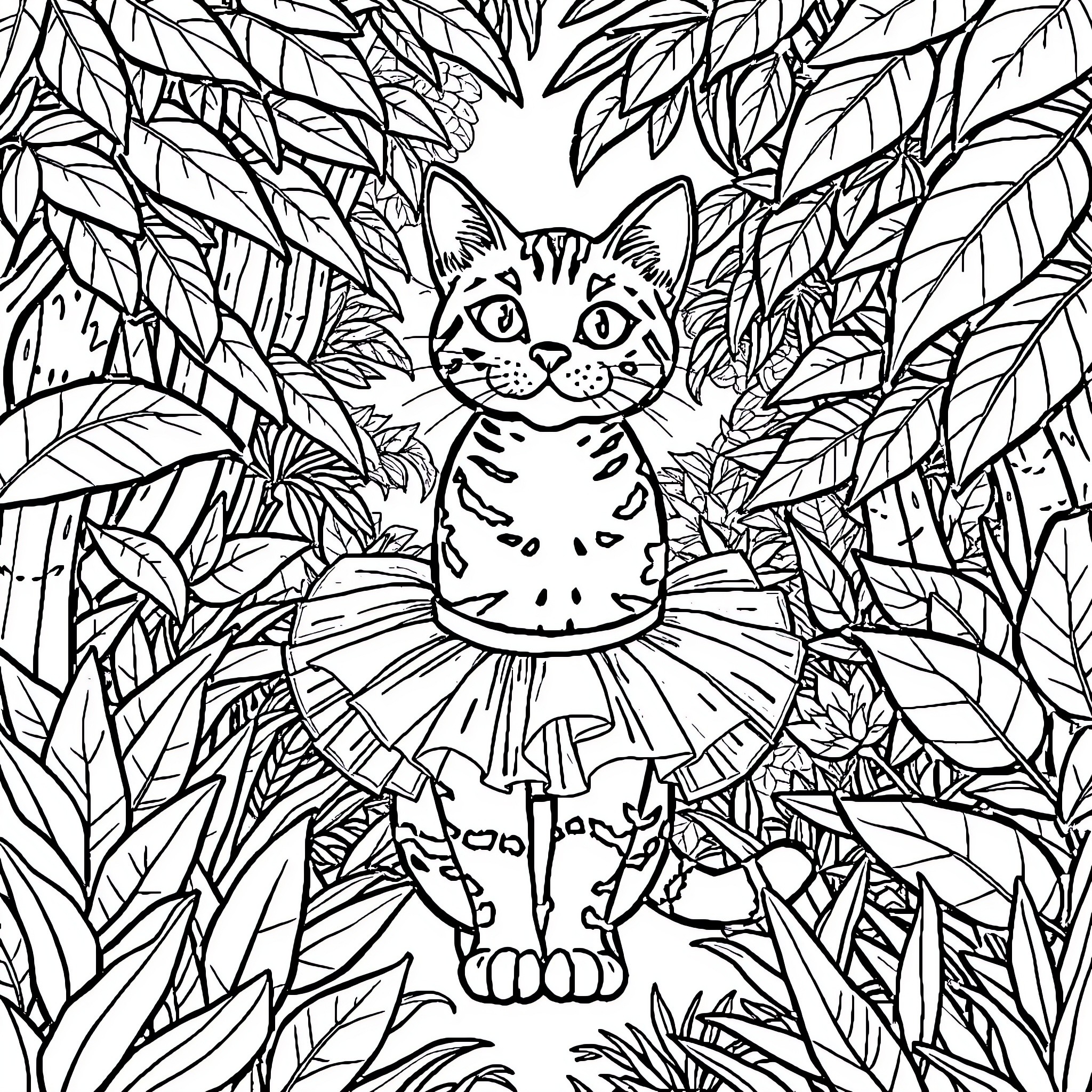 Savannah Cat Surrounded by Lush Foliage Coloring Page (free black-and-white line drawing printable PDF for all, from beginners to advanced learners, including children, teens, adults, and seniors)