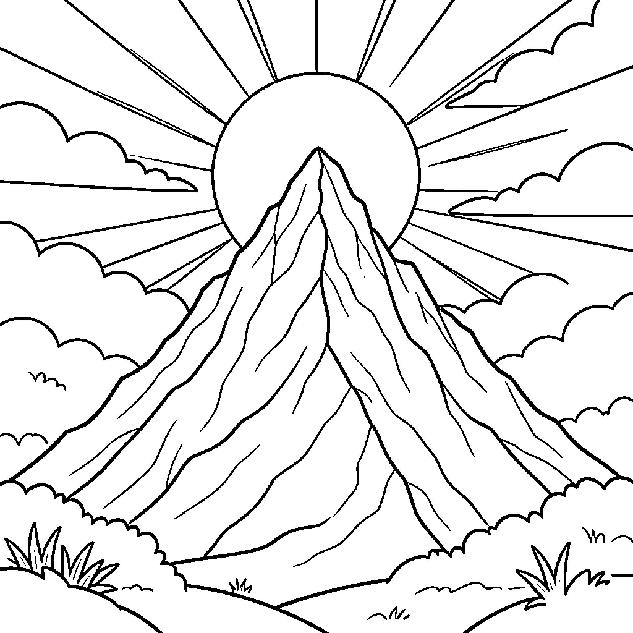 Mountain standing tall under a bright shining sun Coloring Page (free black-and-white line drawing printable PDF for all, from beginners to advanced learners, including children, teens, adults, and seniors)