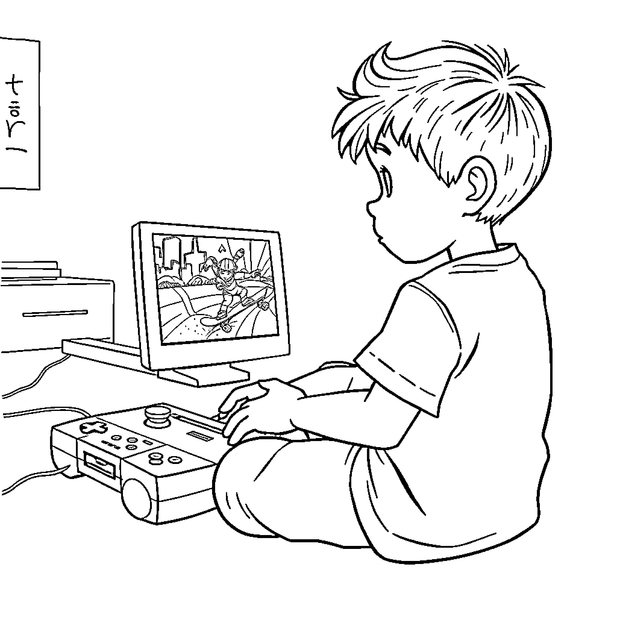 Kid playing video game intently on computer Coloring Page (free black-and-white line drawing printable PDF for all, from beginners to advanced learners, including children, teens, adults, and seniors)