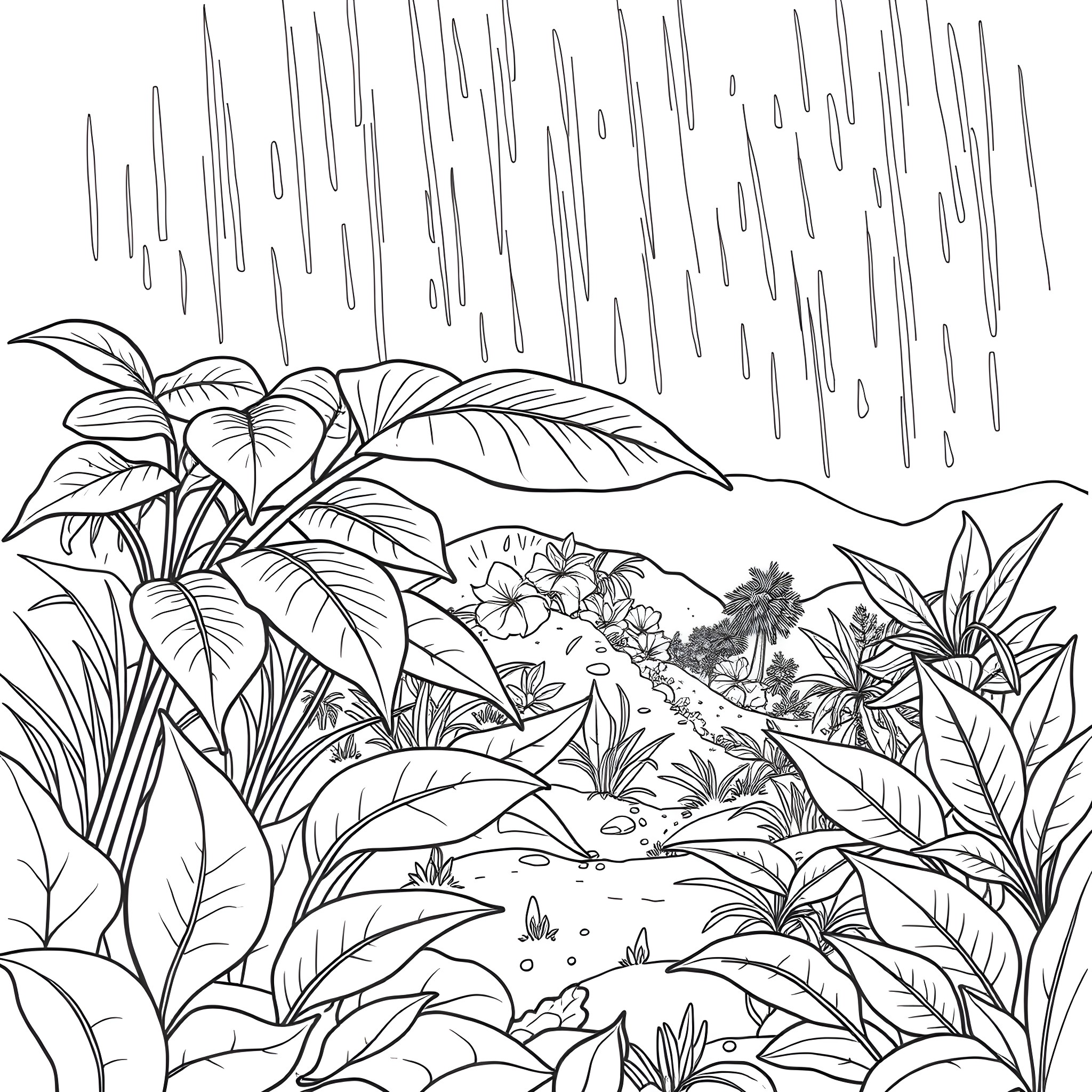 Makuru: Lush Tropical Landscape with Falling Rain Coloring Page (free black-and-white line drawing printable PDF for all, from beginners to advanced learners, including children, teens, adults, and seniors)