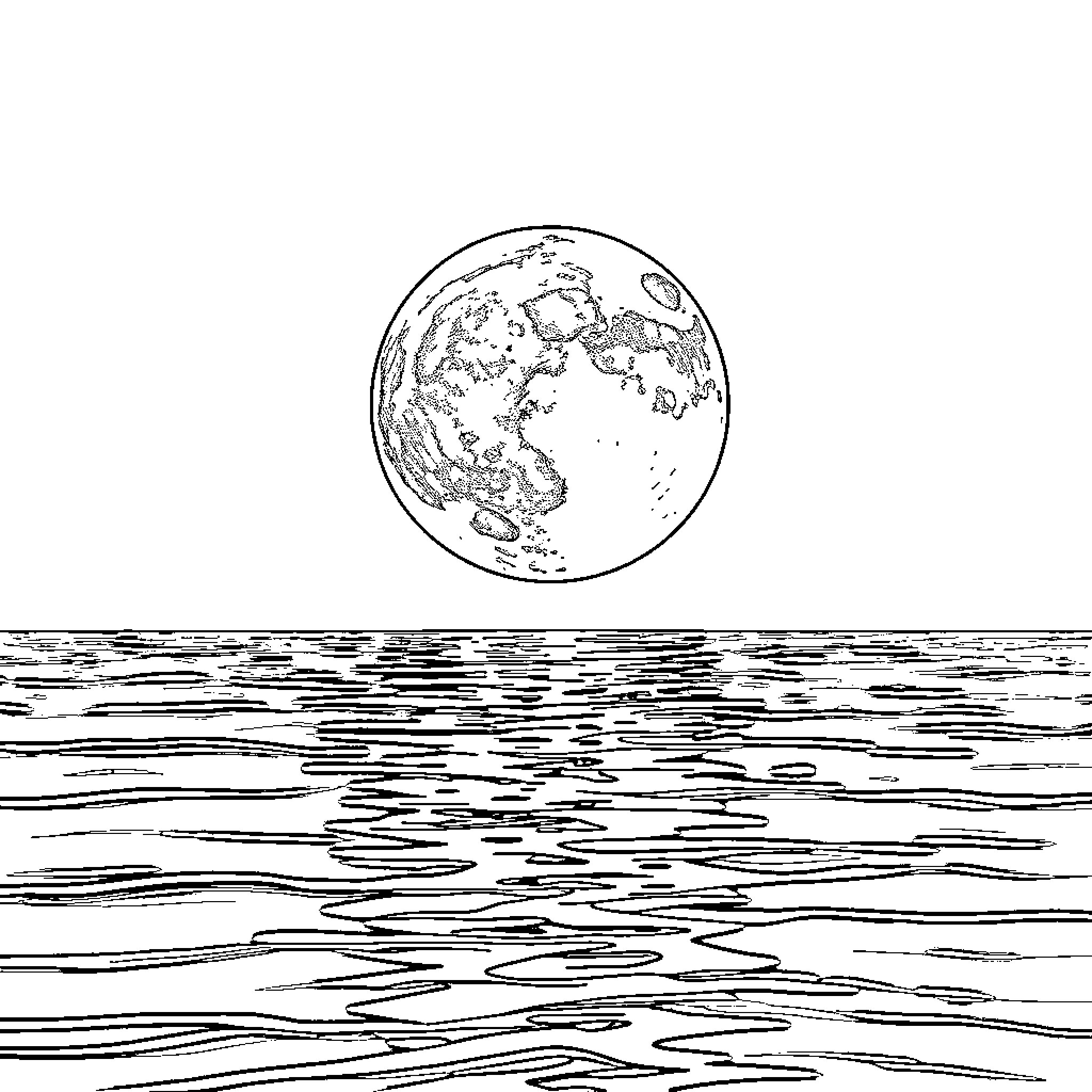 Moon rising over the tranquil ocean waves Coloring Page (free black-and-white line drawing printable PDF for all, from beginners to advanced learners, including children, teens, adults, and seniors)