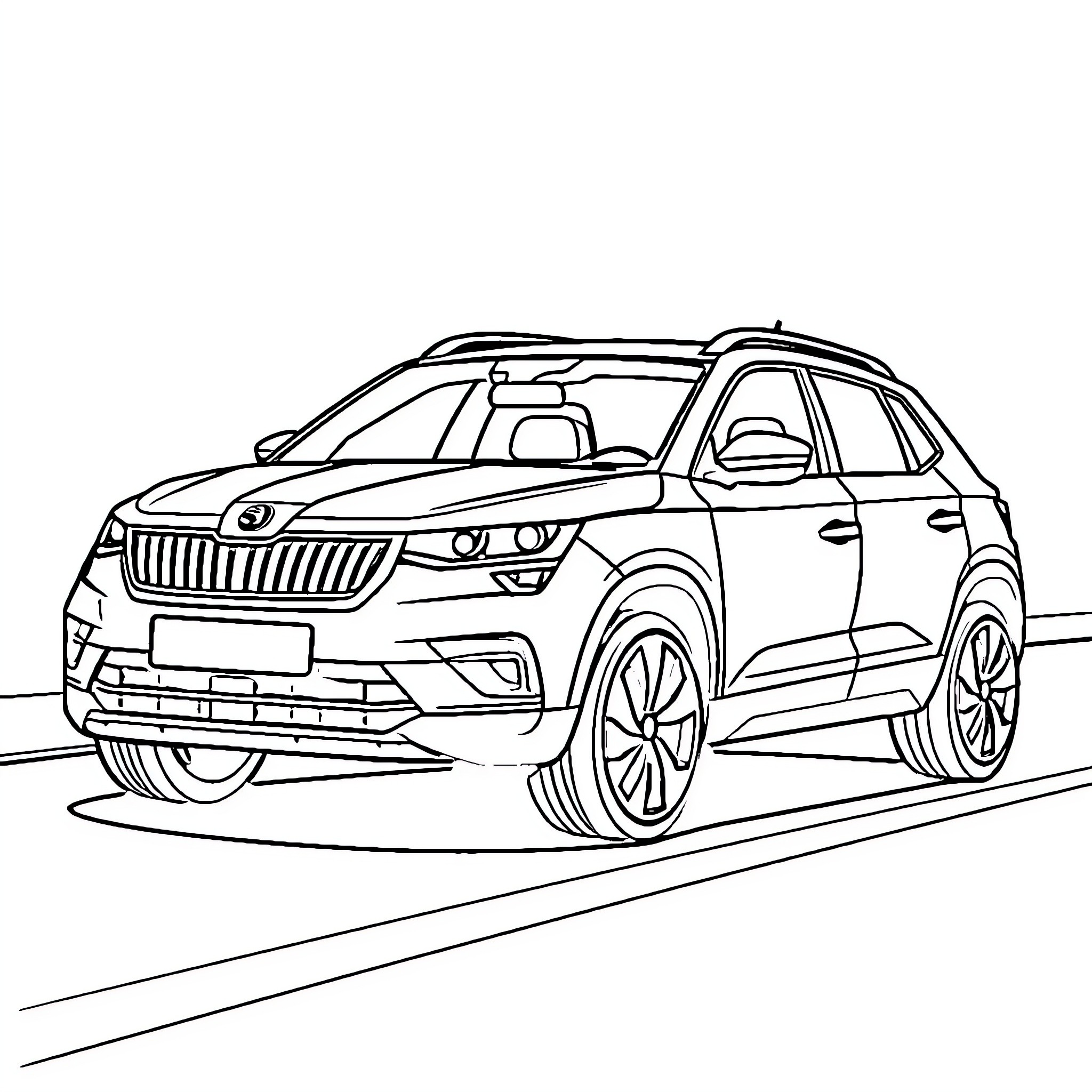 Skoda SUV on the Road Coloring Page (free black-and-white line drawing printable PDF for all, from beginners to advanced learners, including children, teens, adults, and seniors)