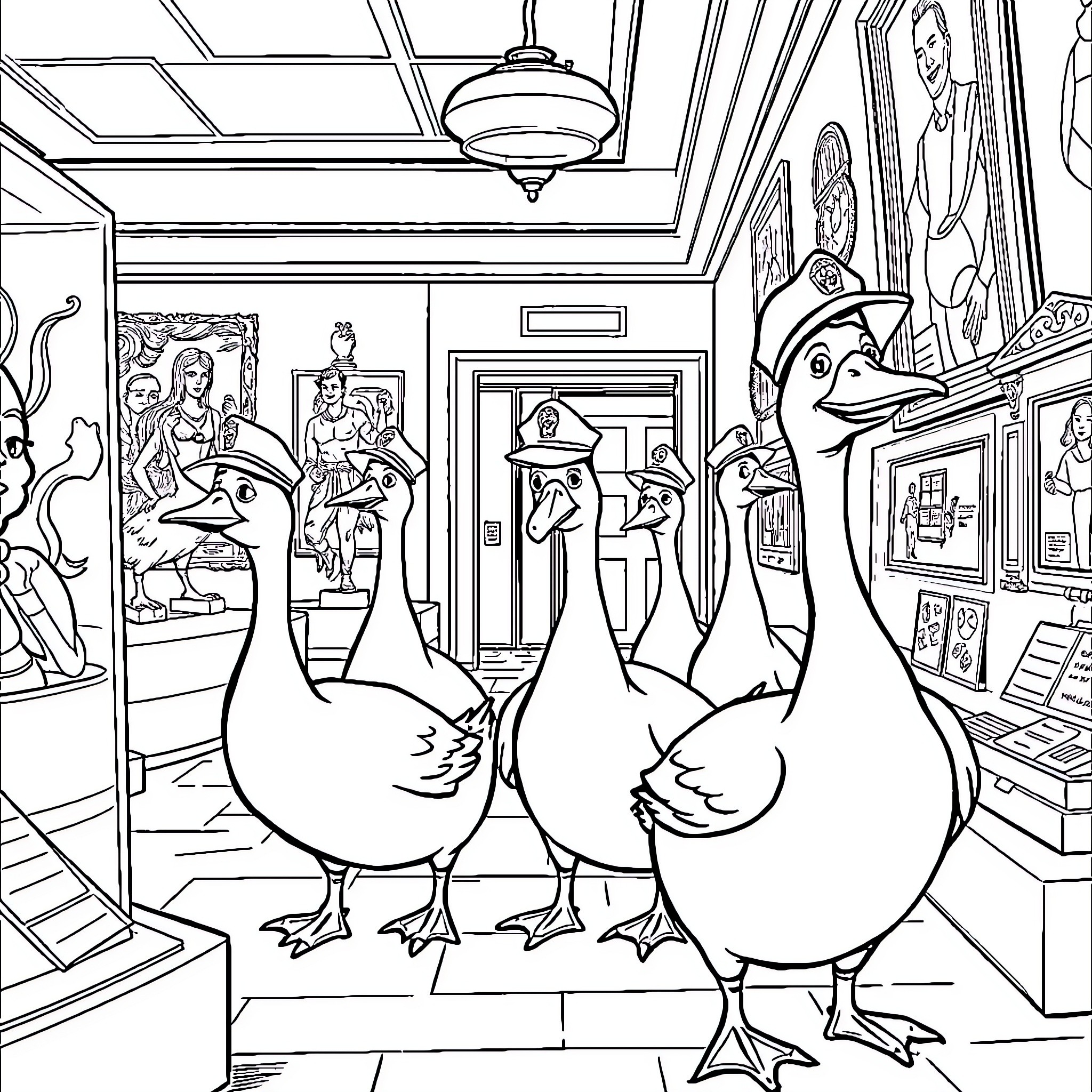 Goose trio exploring an art gallery Coloring Page (free black-and-white line drawing printable PDF for all, from beginners to advanced learners, including children, teens, adults, and seniors)