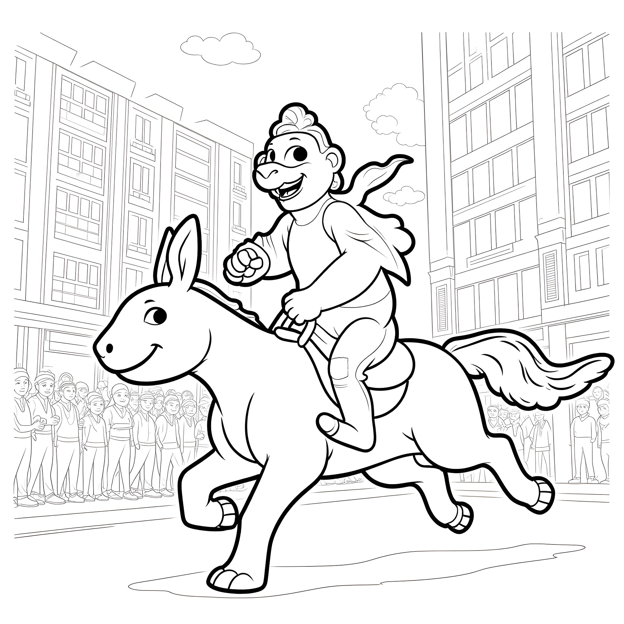 Grogu riding a donkey through the city Coloring Page (free black-and-white line drawing printable PDF for all, from beginners to advanced learners, including children, teens, adults, and seniors)