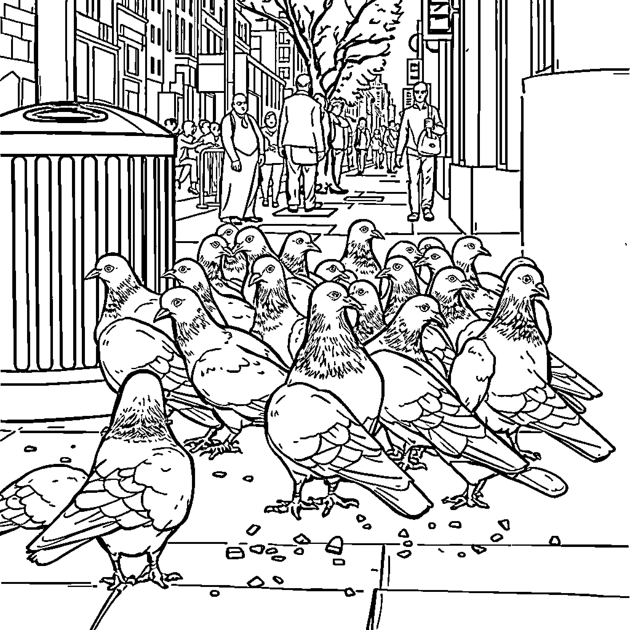 Pigeons congregating on a city street Coloring Page (free black-and-white line drawing printable PDF for all, from beginners to advanced learners, including children, teens, adults, and seniors)