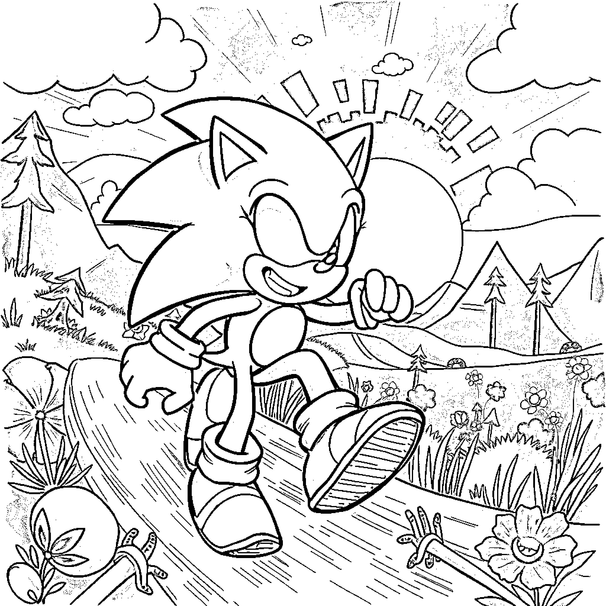 Sonic exploring the vibrant outdoor scenery Coloring Page (free black-and-white line drawing printable PDF for all, from beginners to advanced learners, including children, teens, adults, and seniors)