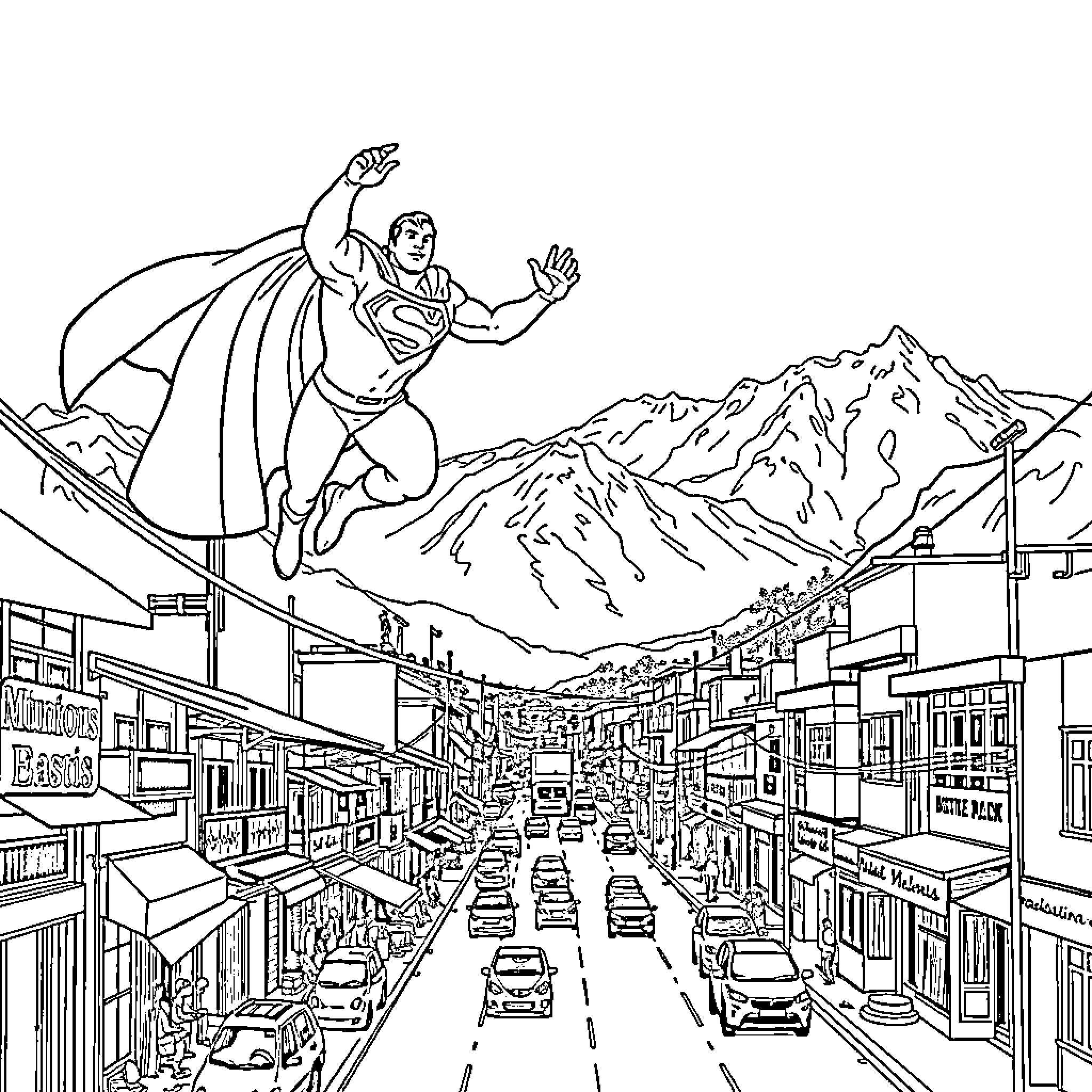 Superman soaring over the bustling city streets Coloring Page (free black-and-white line drawing printable PDF for all, from beginners to advanced learners, including children, teens, adults, and seniors)